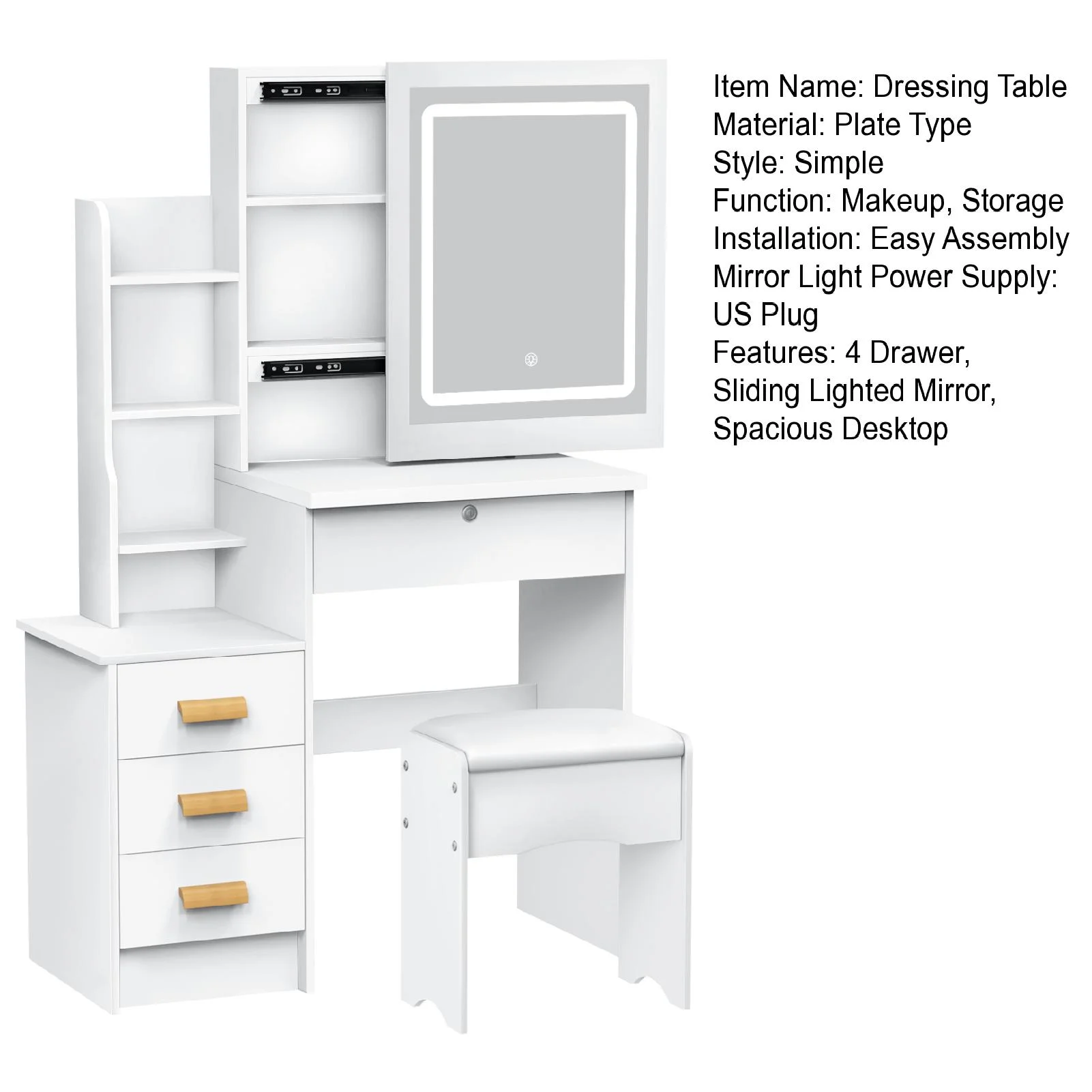 StarBay Makeup Mirror Desk Minimalist Makeup Table Compact Vanity Desk with Sliding Mirror and Lights, Hidden Storage Space, 4 Drawer, Sliding Lighted Mirror