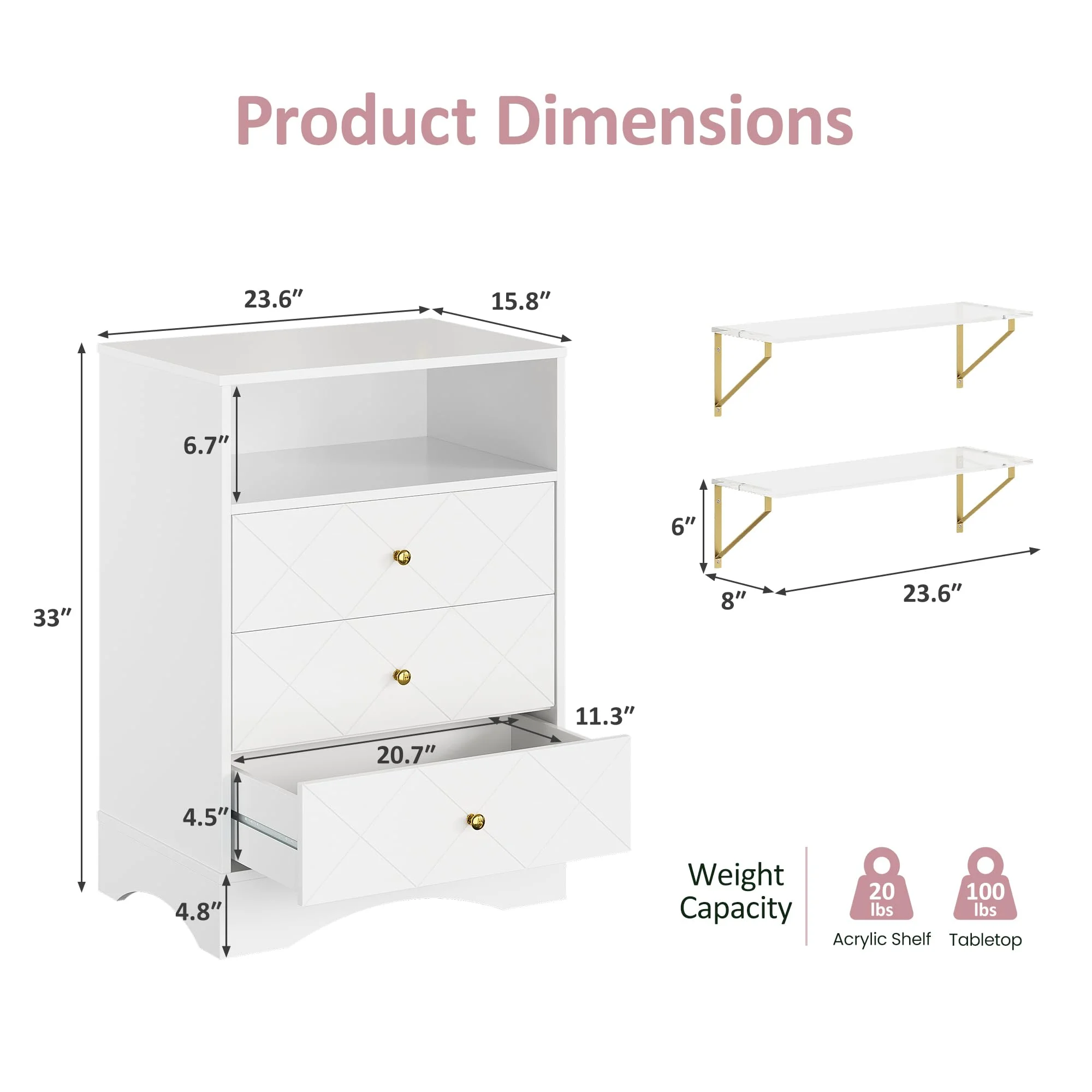May Color Large White 3 Drawer Dresser Set of 2 with Fluted Panel, Modern Chest of Drawers with Silent Slide Drawers, Wood Accent Nightstand with Storage for Bedroom Living Room, Hallway