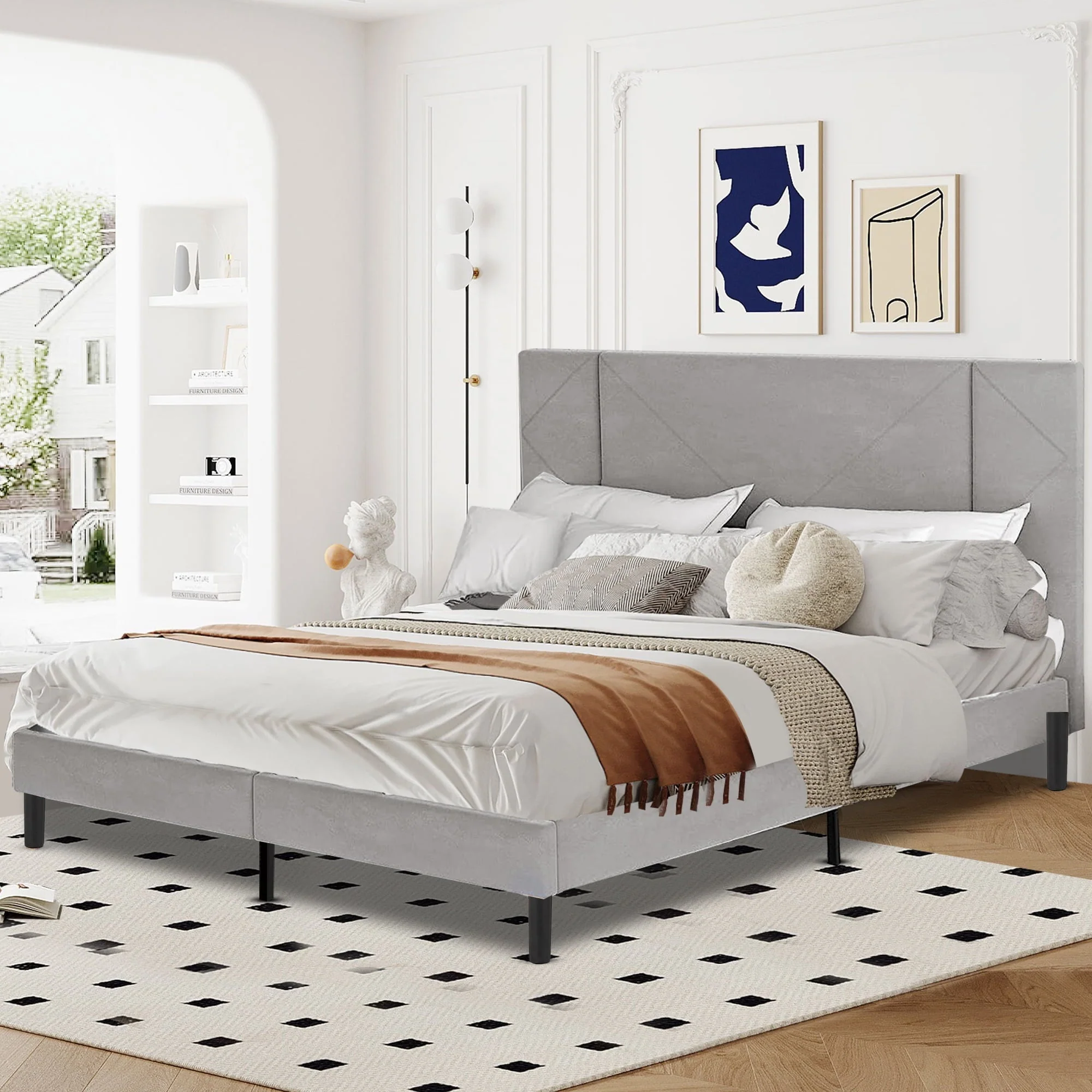 SYNGAR Queen Bed Frame, New Upgrade Queen Size Velvet Upholstered Platform Bed Frame with Elegant Headboard, Bedroom Furniture Platform Bed Frame, No Box Spring Needed, Gray