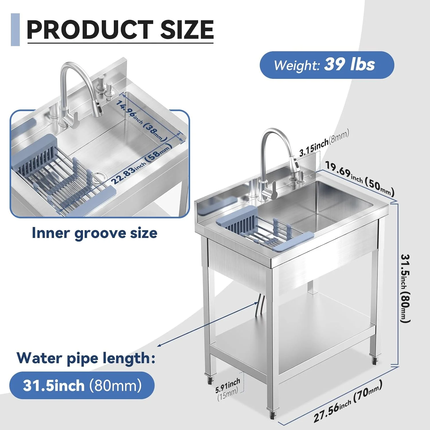 Stainless Steel Utility Sink Commercial Kitchen Single Bowl Sink with Cold and Hot Water Faucet Hoses and Drain Kit Complete Base Plate for Kitchens,Bathrooms,Laundry Room