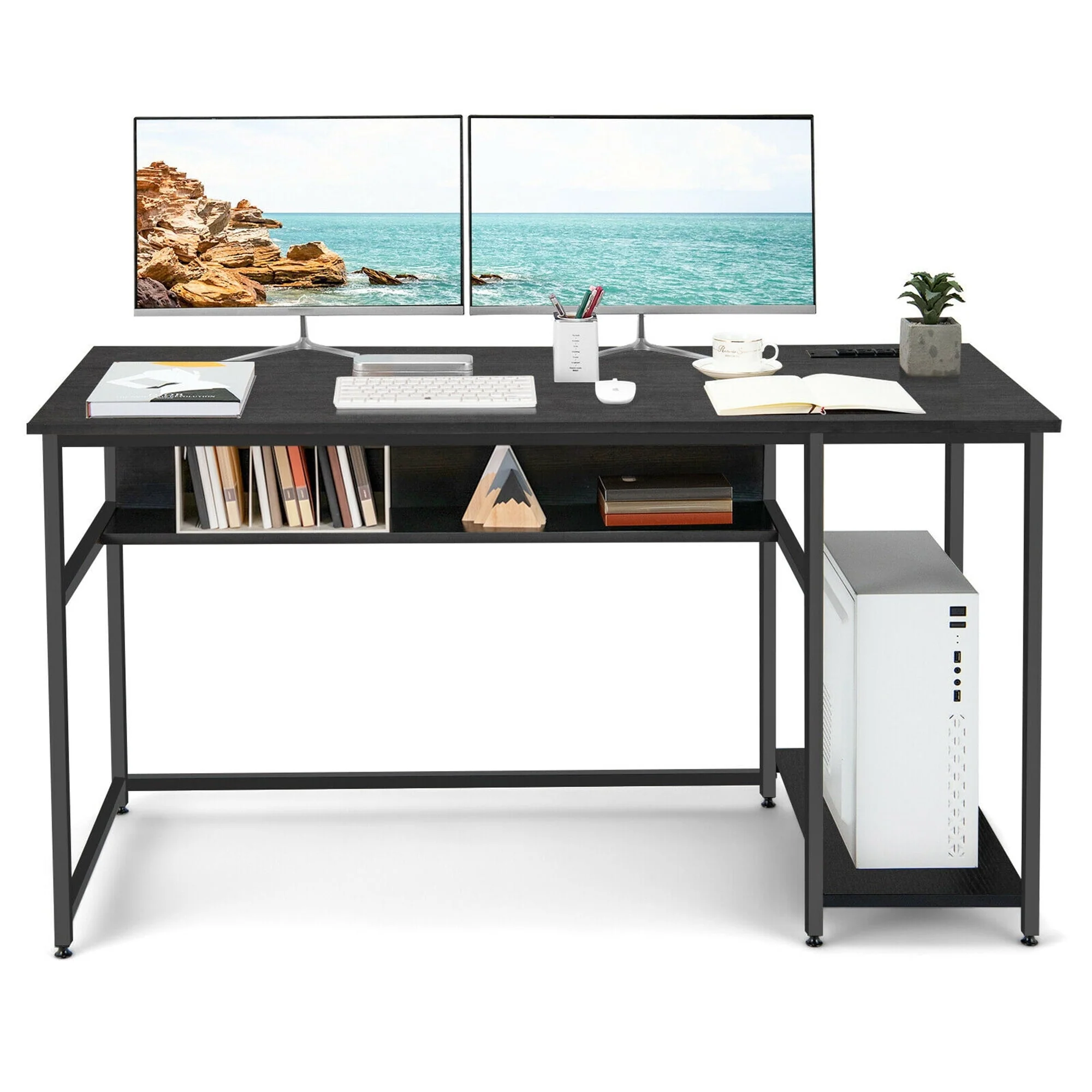 Gymax 55'' Computer Desk Home Office PC Workstation w/ Power Outlets & USB Ports Black