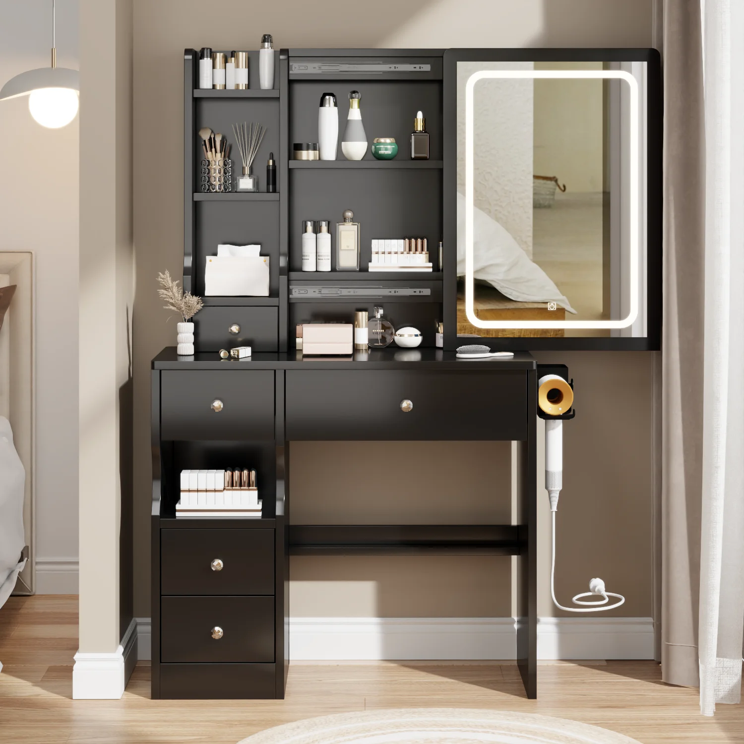 Vanity Set with Stool, Black Vanity Desk with Mirror, 5 Drawers and 2-Layer Shelves, LED Three-Tone Lighting, Particle Board With Triamine Coating, Solid Wood Legs With Copper Sheath Decoration