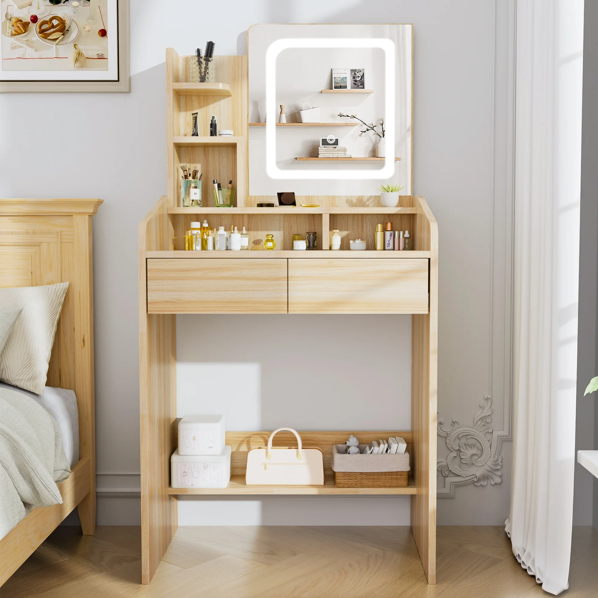 LIVELYGLOW Vanity Desk Set with Square Mirror and Light- Small Vanity Table with Drawers- White