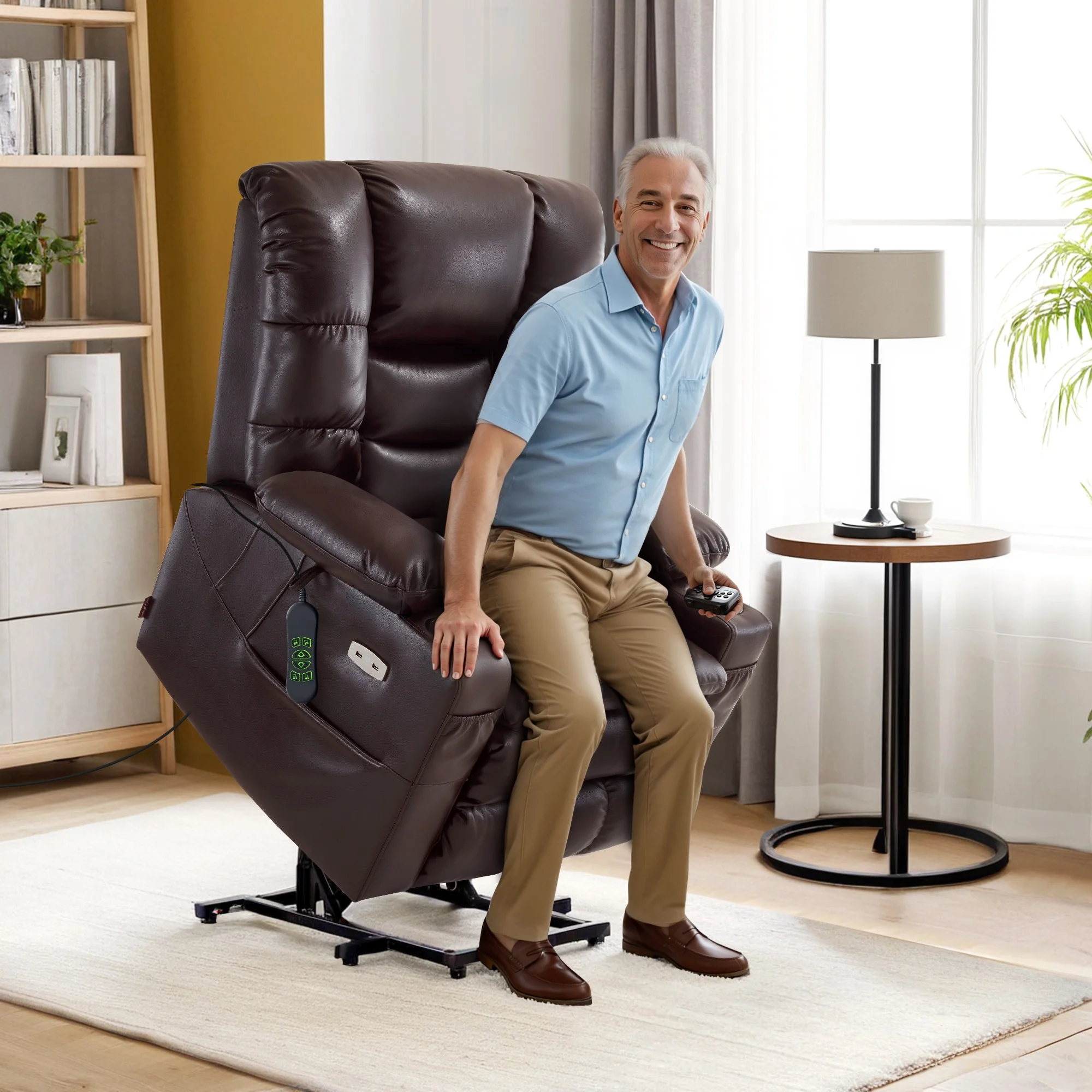 Mcombo Triple Motor Power Lift Recliner for Elderly. Sleep Recliner Sofa with Adjustable Headrest. Faux Leather. Dark Brown
