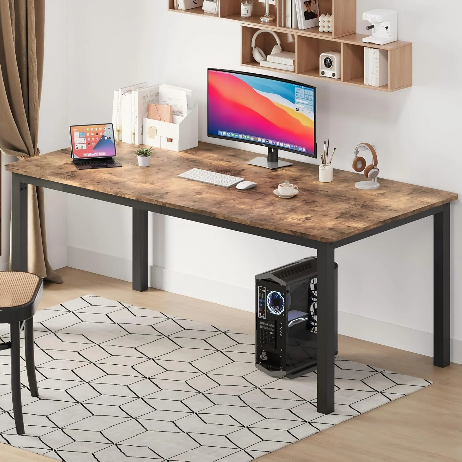 71 Inch Industrial Dining Table, Large Rectangle Kitchen Table with Metal Legs, Round Corners, Wooden Conference Tables Writing Desk for Dining Room, Living Room