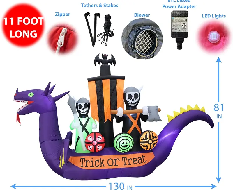 11-Foot Inflatable Halloween Scene: Dragon-Pirate Ship Skeleton Combo with Animated Effects