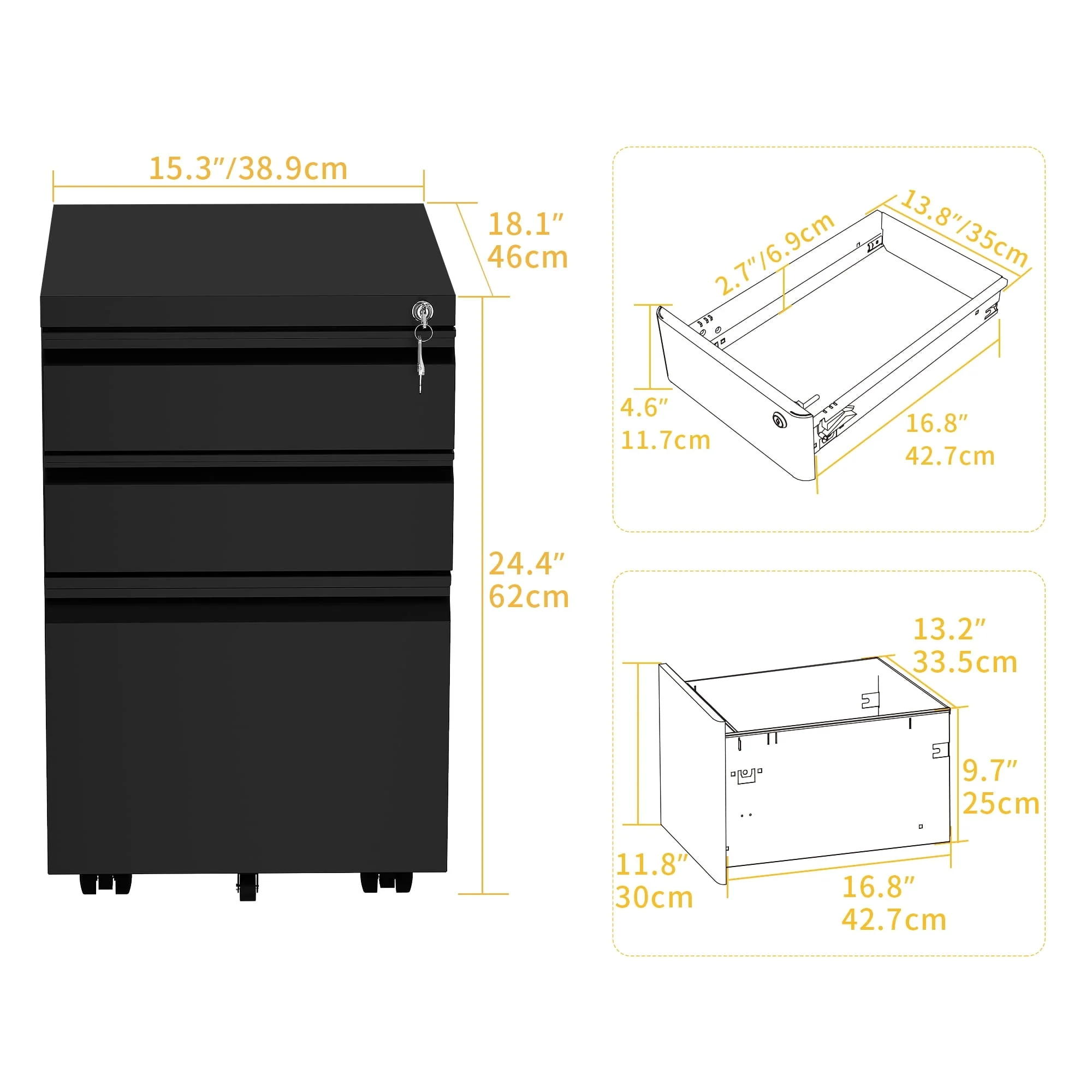 DWVO 3-Drawer Vertical File Cabinet Storage Mobile Office Metal with Key，Black