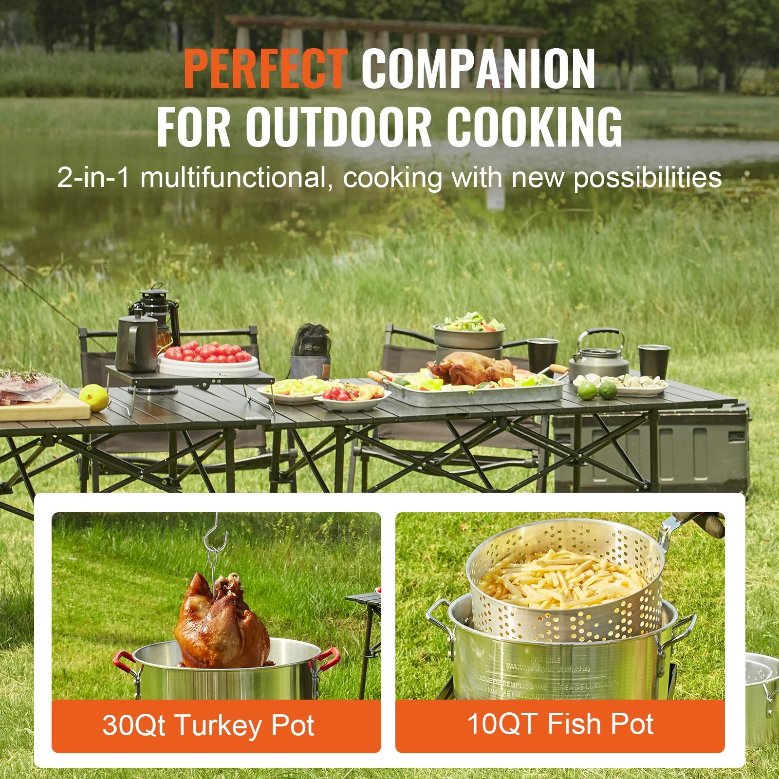 KFFKFF Deep Fryer for Turkey, Set of 30-qt Poultry and 10-qt Fish Steamer Cooker, Outdoor Seafood Frying Pot made of Aluminum, Propane Gas Boiler with 54,000 BTU Burner, Comes with Baskets, Poultry