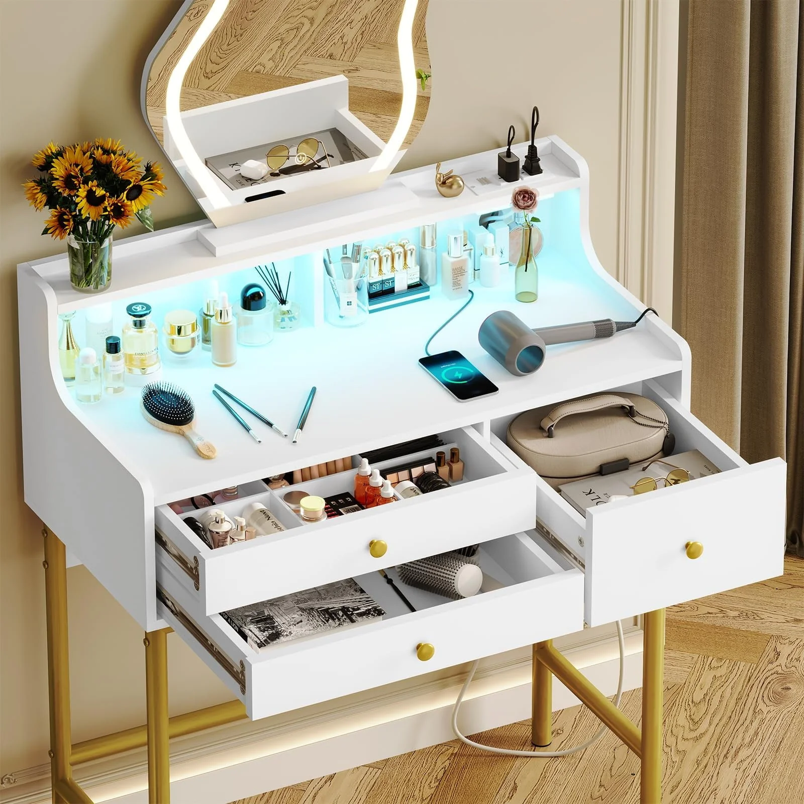 Tiptiper Makeup Vanity with Lights and Charging Station, Vanity Desk with 3-Color Touch Screen Lighted Mirror, White