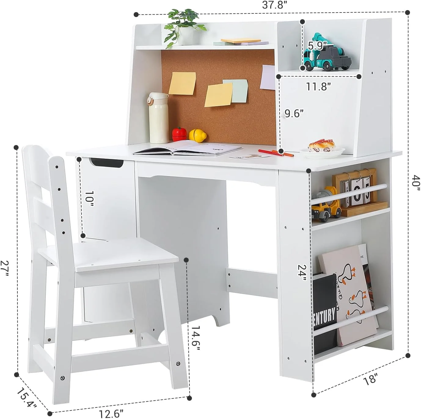 Wpond Kids Desk and Chair Set, Wooden Children Study Table with Storage, Bulletin Board, Student Computer Workstation Writing Desk for Kids Bedroom, School, White