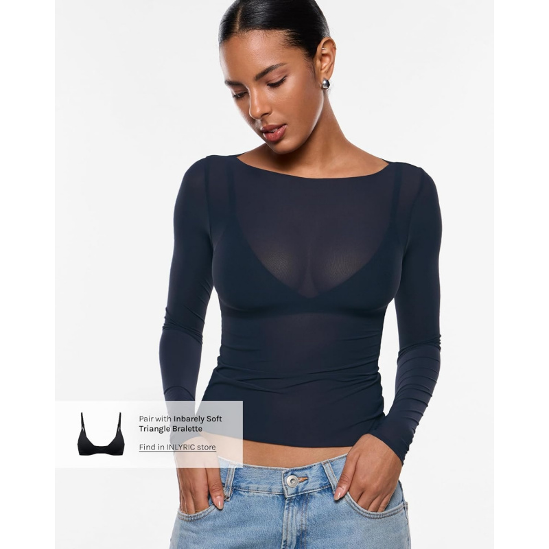 Women's Cosnufy Mesh Sheer Long Sleeve Tops See