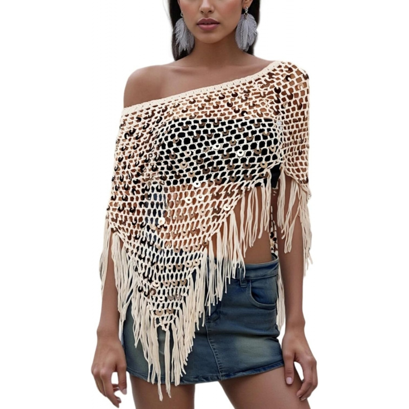 Women Sheer Poncho Top Lightweight Knit Crochet Shrug