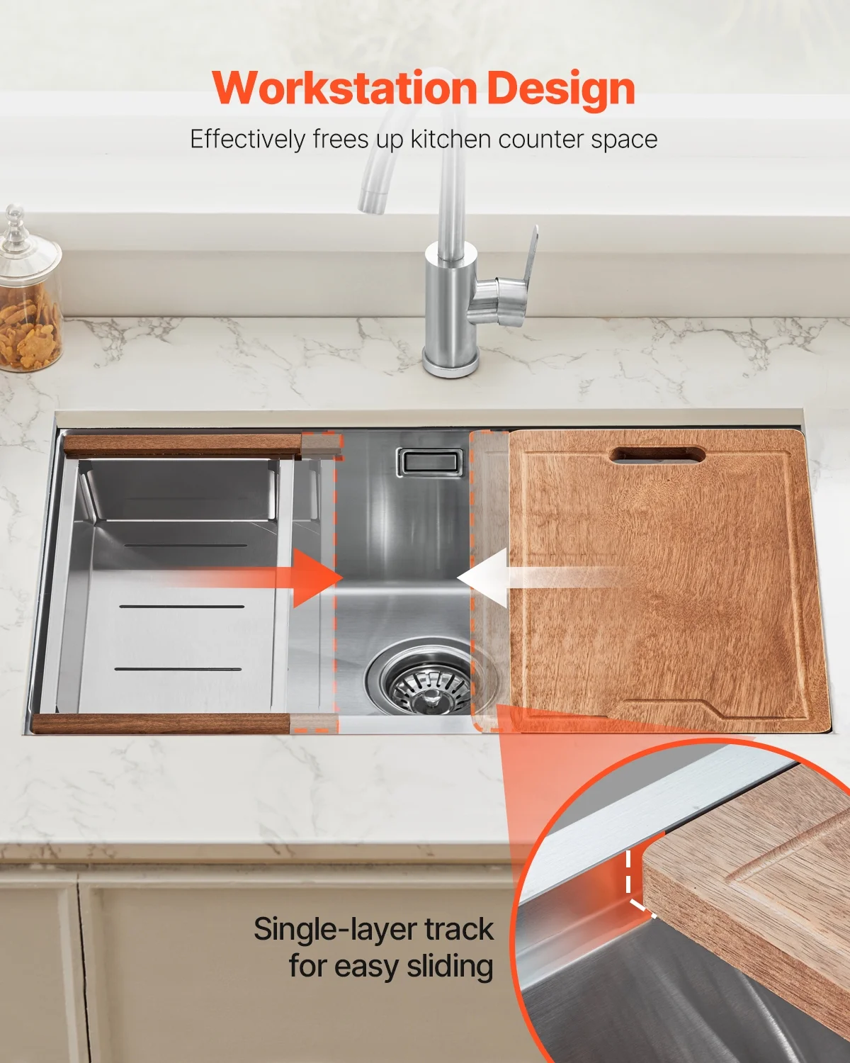KFFKFF 23-inch Undermount Kitchen Sink,  304 Stainless Steel Single Bowl Drop-In Farmhouse Basin with Ledge & Various Add-ons, Domestic Dishwasher Sinks Suitable for Workstation, RV