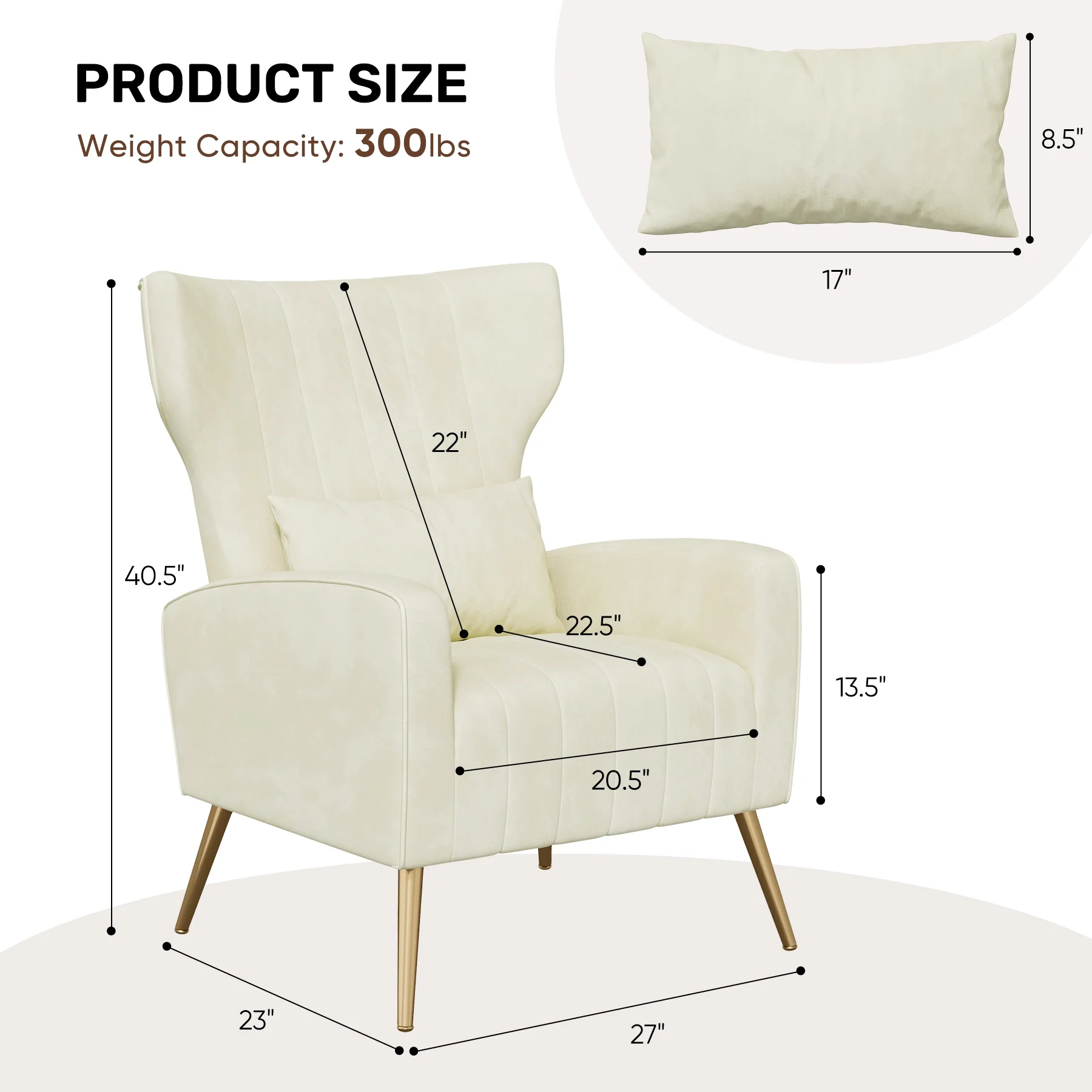 Hawsaiy Velvet Wingback Accent Chair with Golden Legs and Lumbar Pillow, High Back Upholstered Armchair for Living Room or Bedroom, Beige