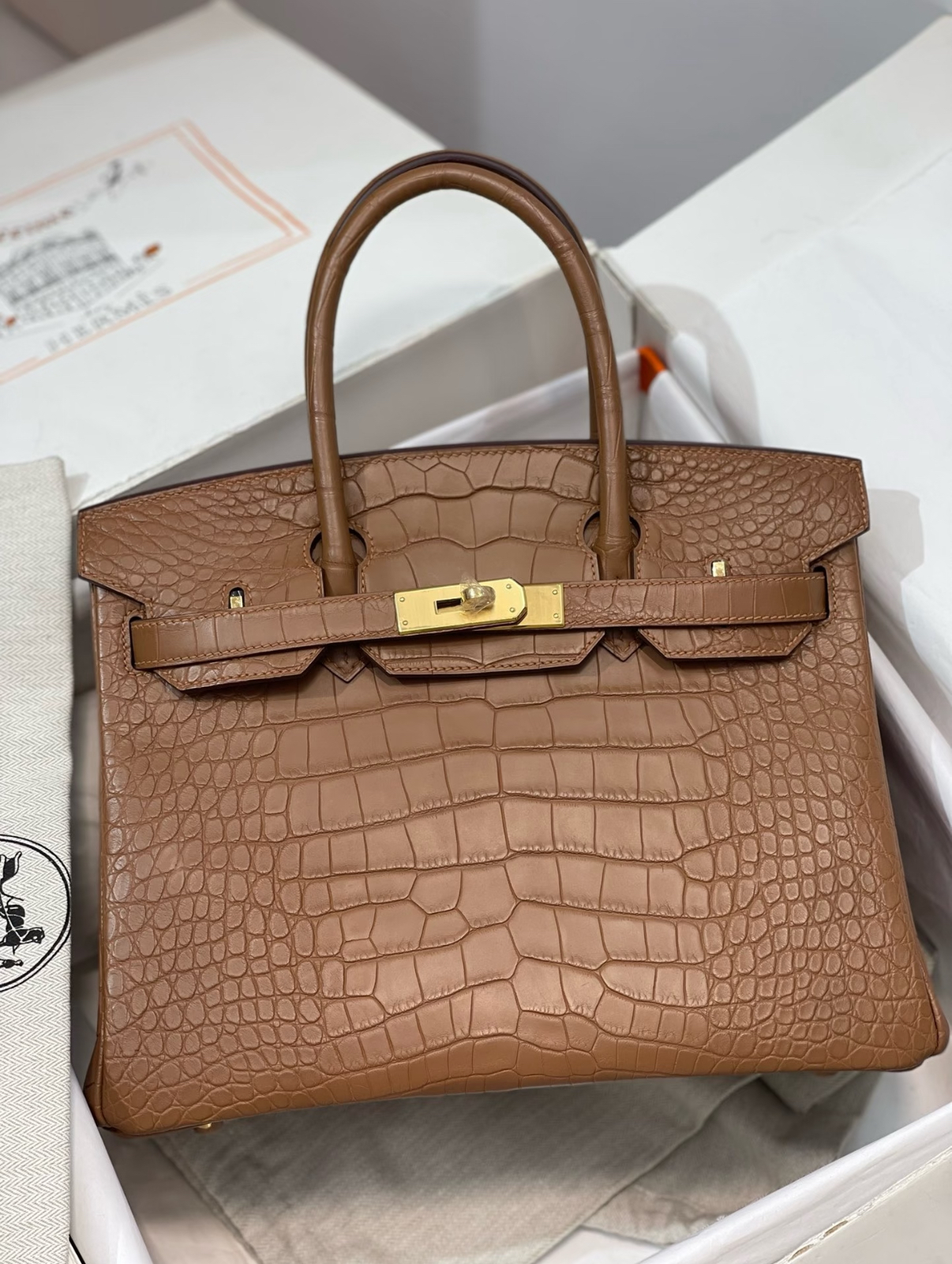 Hermès Birkin 25-30 Golden Brown Matte American crocodile leather