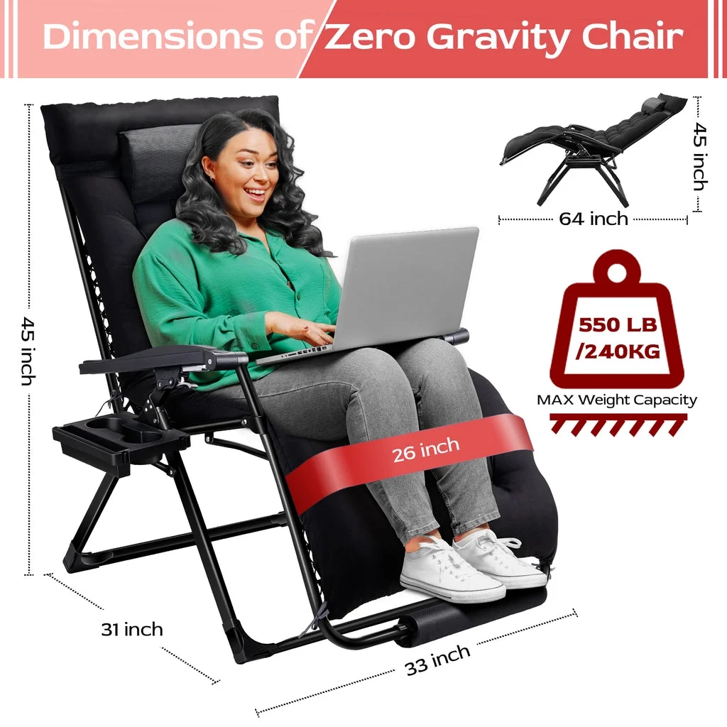 VECUKTY XXL Oversize Zero Gravity Chair - 500lb Capacity, 33-Inch Wide Padded Seat, Folding Travel Recliner for Outdoor / Indoor Use - Patio, Lawn, Black, Portable and Heavy Duty