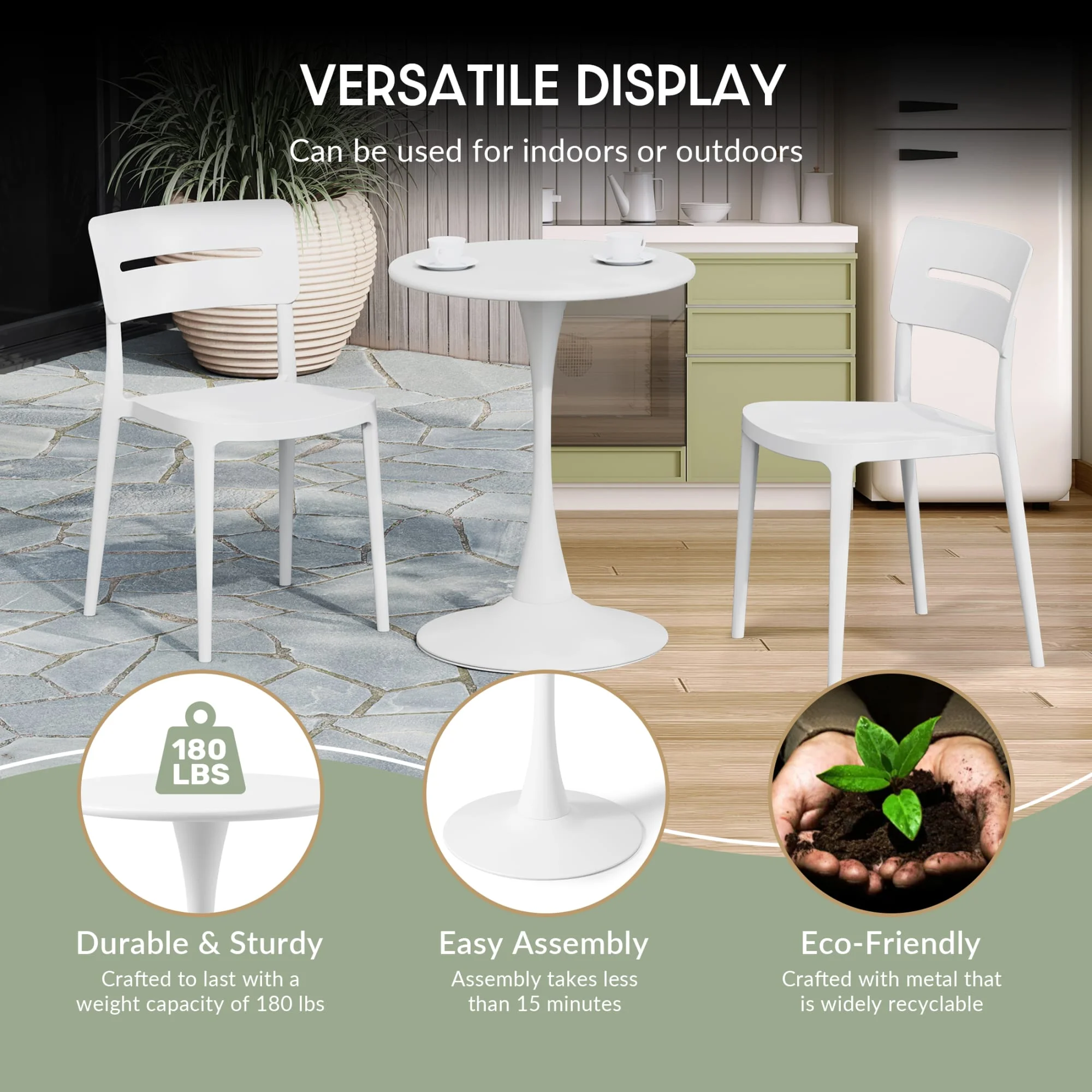 WestinTrends Playa 3-Piece Outdoor Metal Round Dining Table Set With Stackable Resin Patio Dining Chairs, White