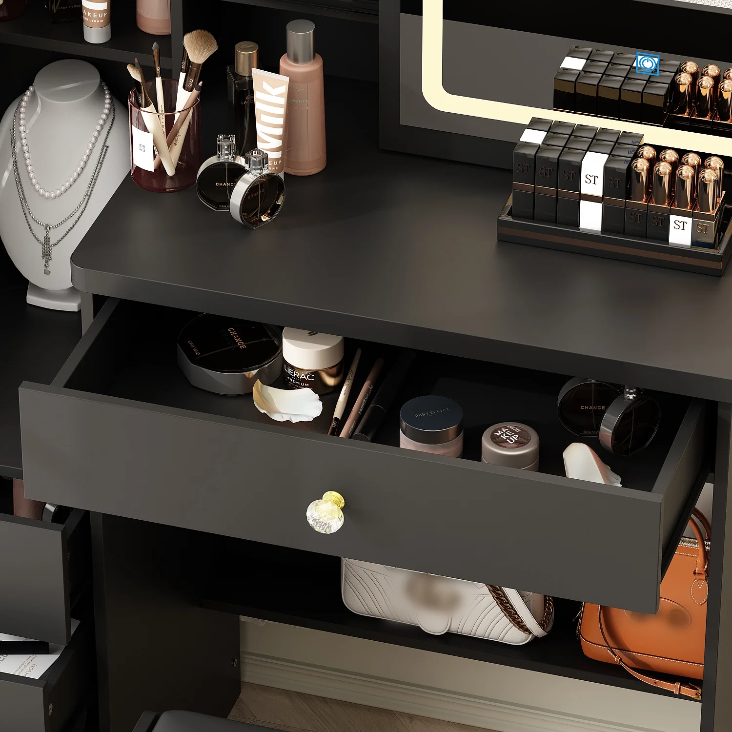 MONSLIPA Makeup Vanity Desk Set w/ Light, Sturdy Dressing Vanity Table with Bench, Shelves & Drawers