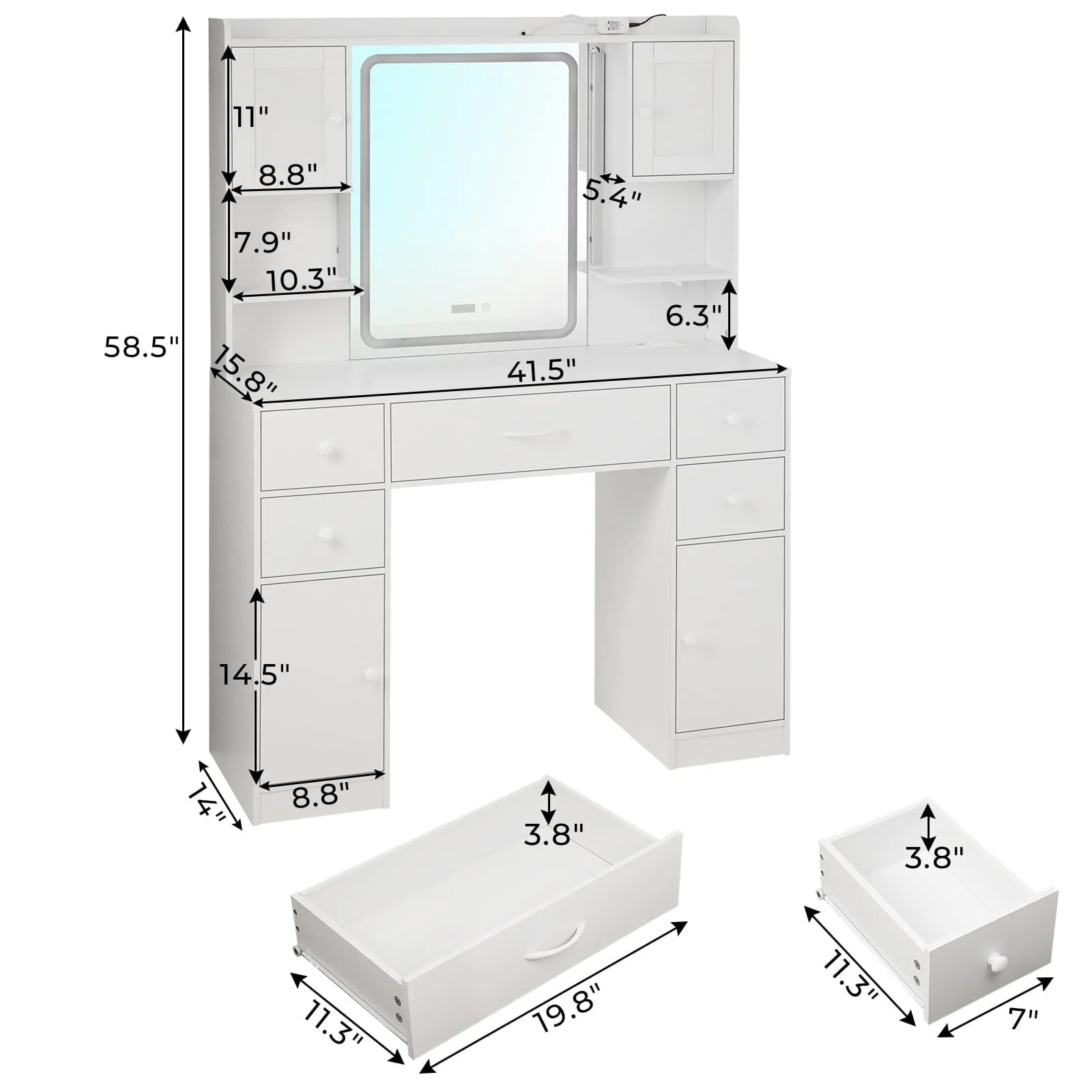 Tiptiper Large Vanity Desk with Lighted Mirror, 5 Drawers Makeup Vanity with Charging Station and Smart Mirror, Time Temperature Display, White