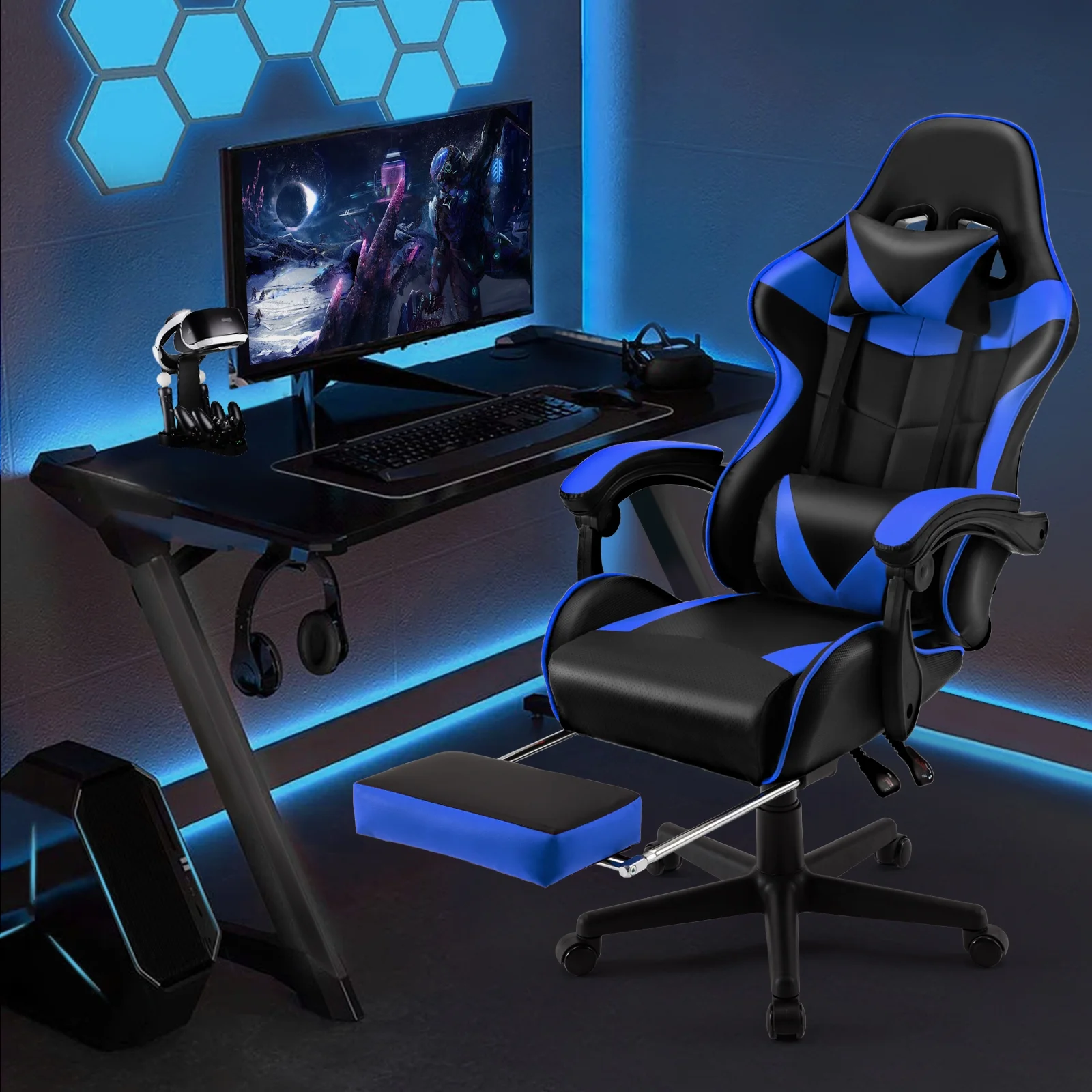 SOONTRANS Green Gaming Chair with Footrest, High Back Gamer Chair with Massage Lumbar Pillow, Gamer Computer Desk Chair (Green)