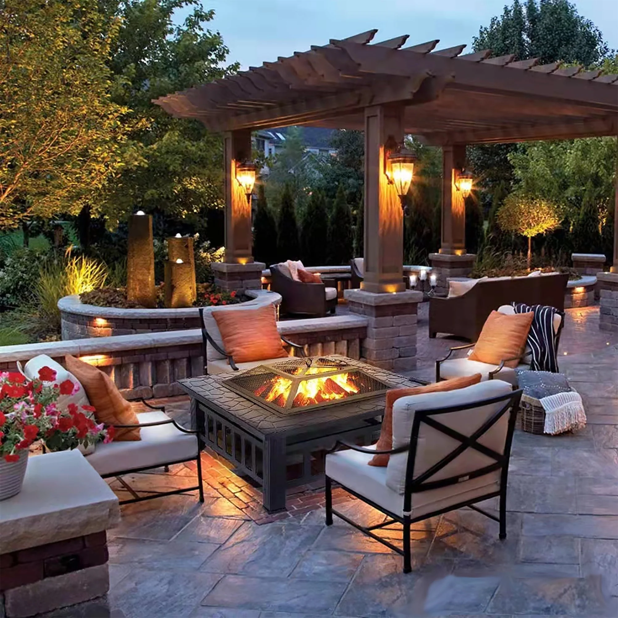 Metal Fire Pit for Outside, 32'' Stone Finish Fire Pit Table, Wood Burning Outdoor Firepit with Fire Bowl, Mesh Screen Lid, Poker