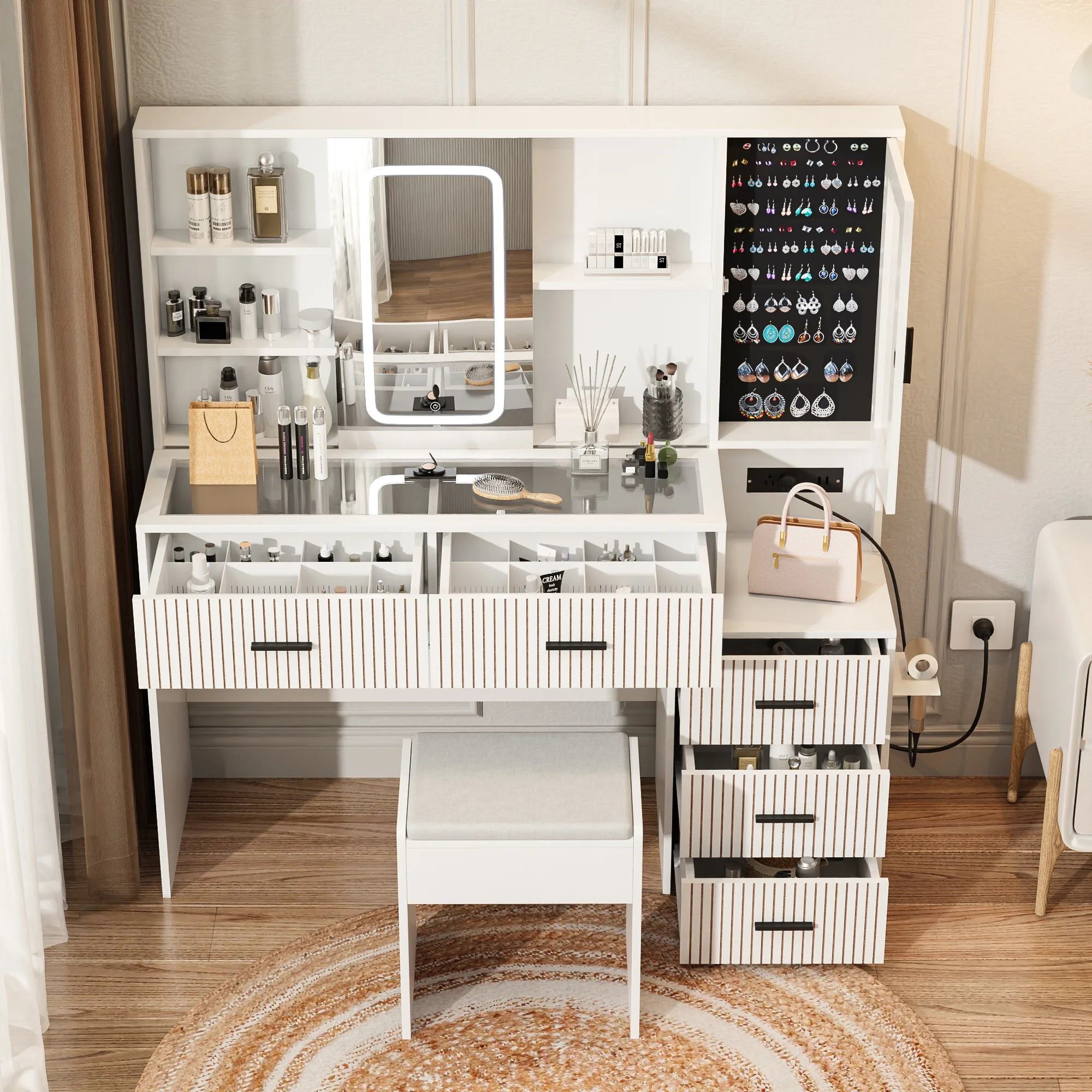 Diubas Large Vanity Desk with Mirror, Makeup Vanity Table with 5 Drawers, LED Lights & Power Outlet