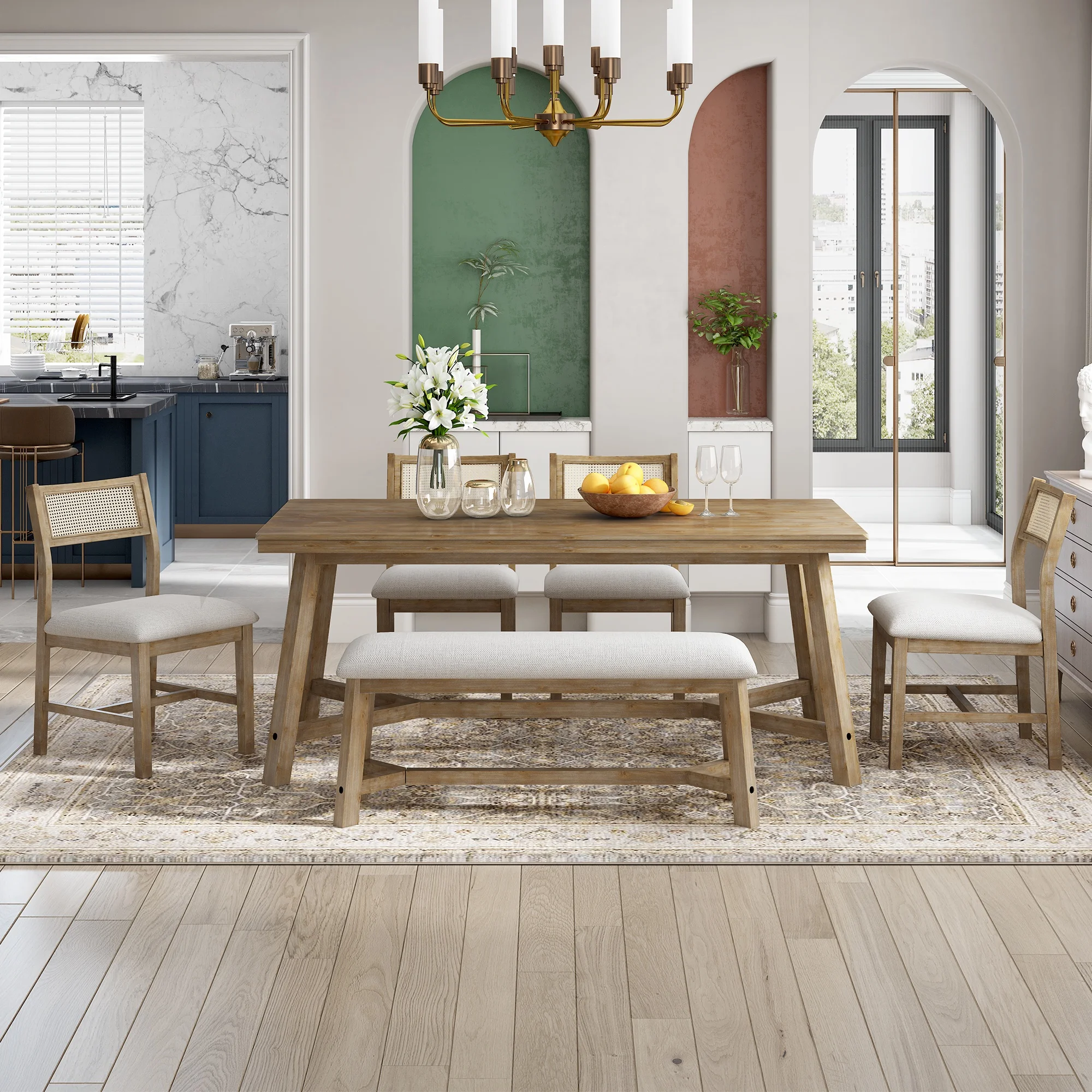 PORKISS 6-Piece Dining Room Set, Farmhouse Dining Table Set with Bench and 4 Upholstered Chairs, Natural
