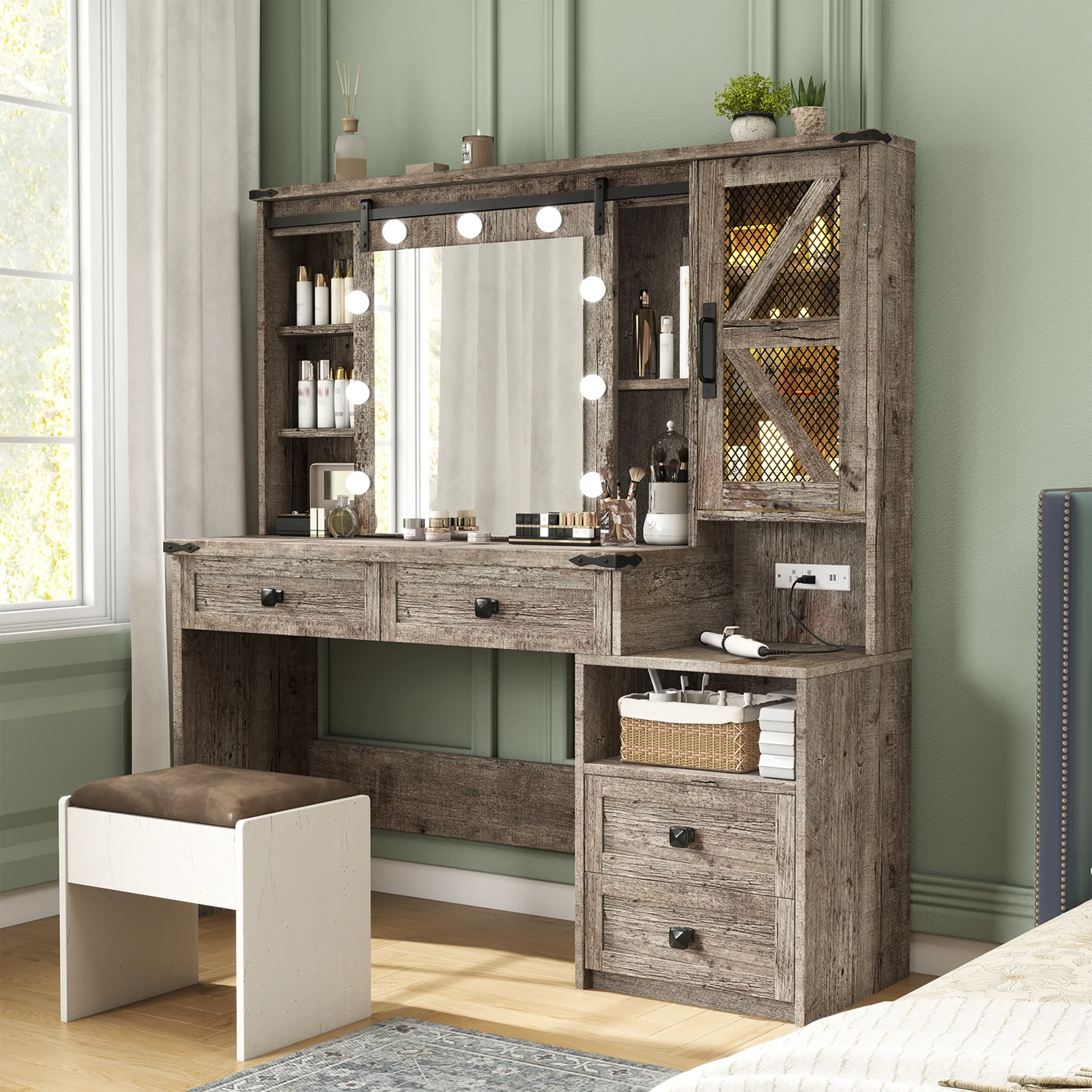EnHomee Makeup Vanity Desk with Lighted Mirror Large Vanity with 4 Drawers Farmhouse Vanity Set with Mirror and Lights,White