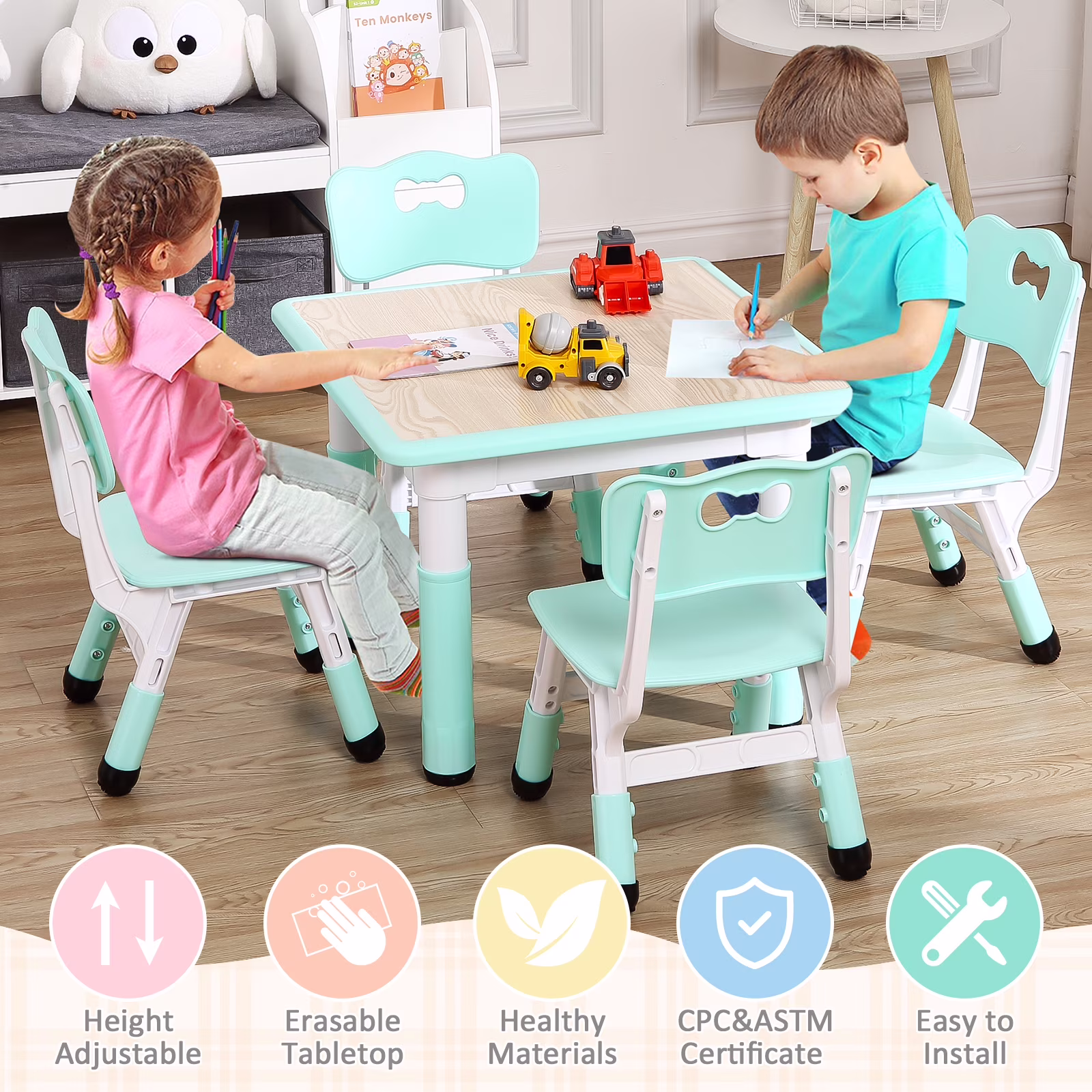 KATIDAP Kids Table and 4 Chairs Set, Height Adjustable Toddler Table and Chair Set, Graffiti Desktop, Classroom/Daycare/Home, Children Multi-Activity Table for Ages 2-8,Blue