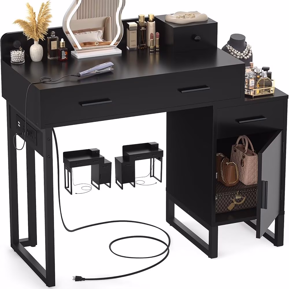 Vanity Desk With 4 Drawers and Cabinet, Makeup Vanity Table With Charge Station Socket, Small Space Makeup Bedside Cupboard, Gift for Her Choice, Suit for Apartment/Dorm/Bedroom, Cute Pink