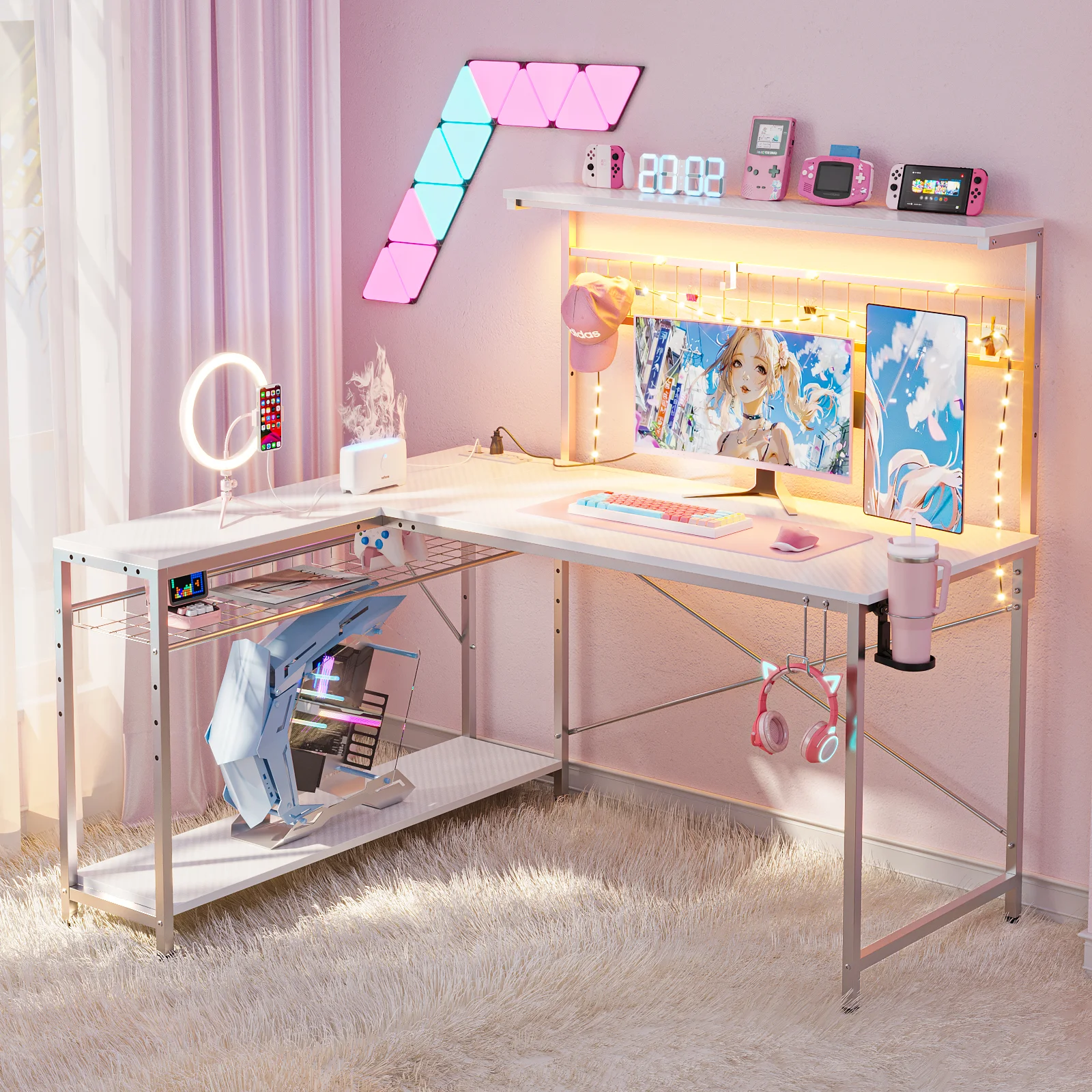 Bestier 51 L Shaped Gaming Desk with Power Outlets & LED Light, Computer Desk with 4 Tiers Shelves for Home Office, Reversible Gamer Table with Hooks and Cup Holder, Carbon Fiber