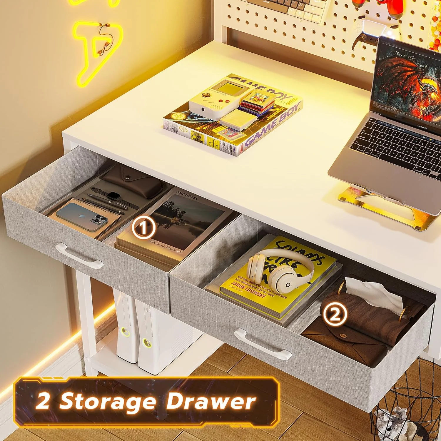 SEDETA White L Shaped Gaming Desk with LED Lights and Drawers, Gaming Desk with Hutch & Pegboard, Computer Desk with Monitor Stand, Storage Shelves, Home Office Desk Corner Desk, Gaming Table