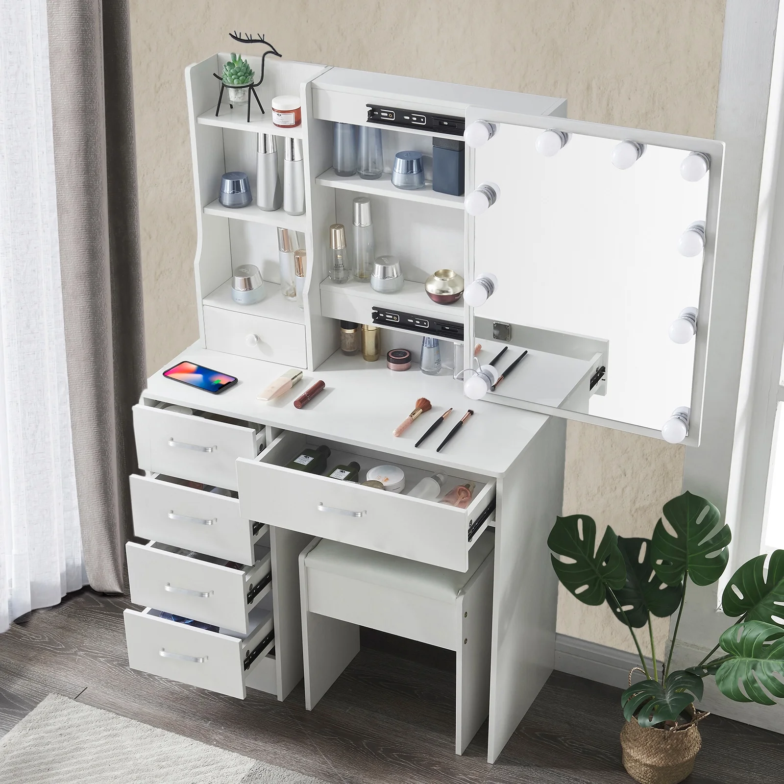 Yamissi Modern Vanity Table with Sliding Mirror and 10 LED Lights, Bedroom Makeup Desk Set with Stool, 6 Drawers & Shelves, White