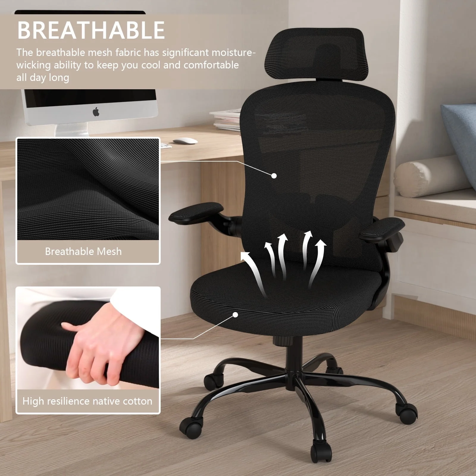 Lioncin Office Chair, High Back Ergonomic Desk Chair, Breathable Mesh Desk Chair with Adjustable Lumbar Support and Headrest, Swivel Task Chair with Flip-up Armrests,Black