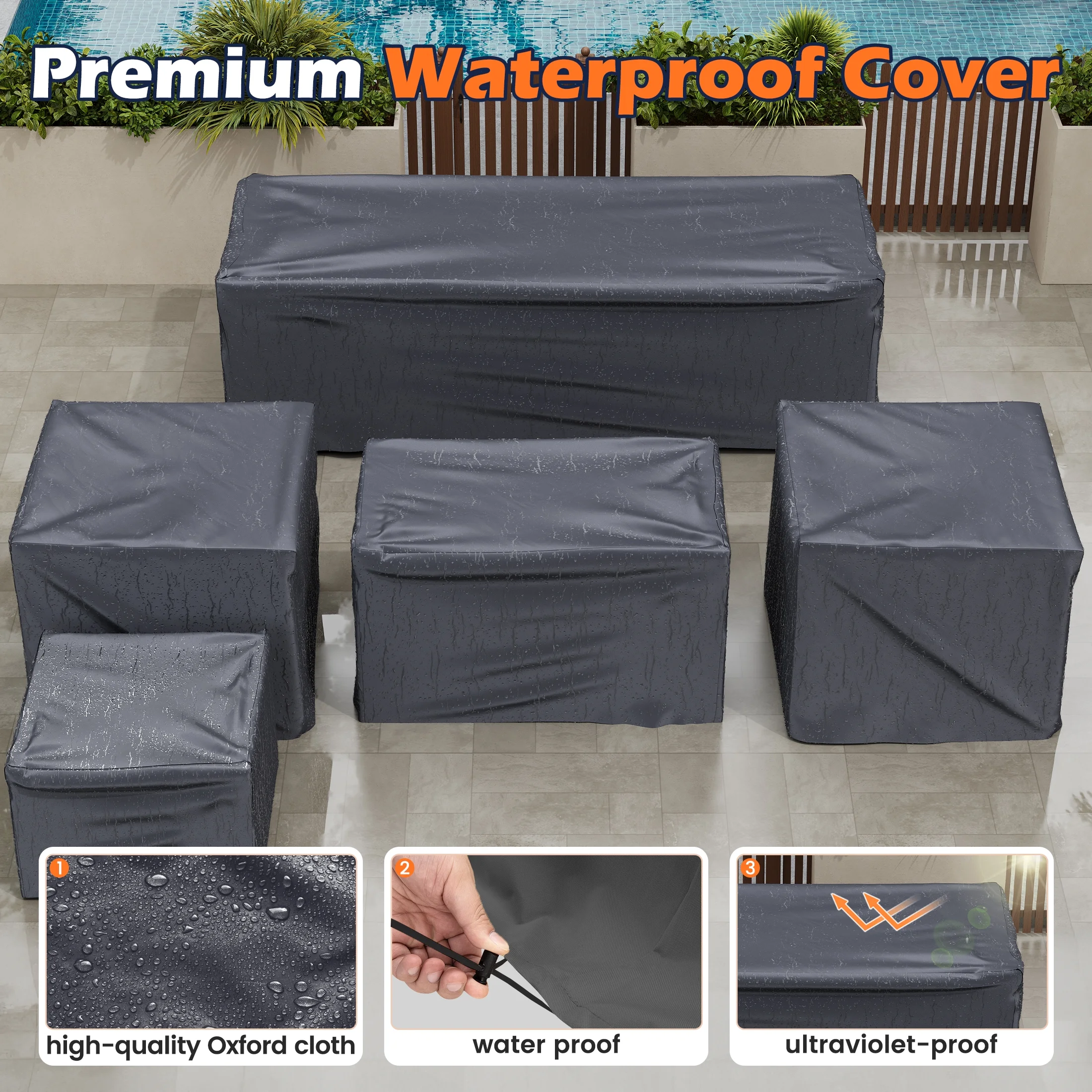Poteban Patio Furniture Set 6 PCS Outdoor Sectional Conversation Sets Featuring Widen Wicker Armrests and High Back, Black (Waterproof Covers Included)