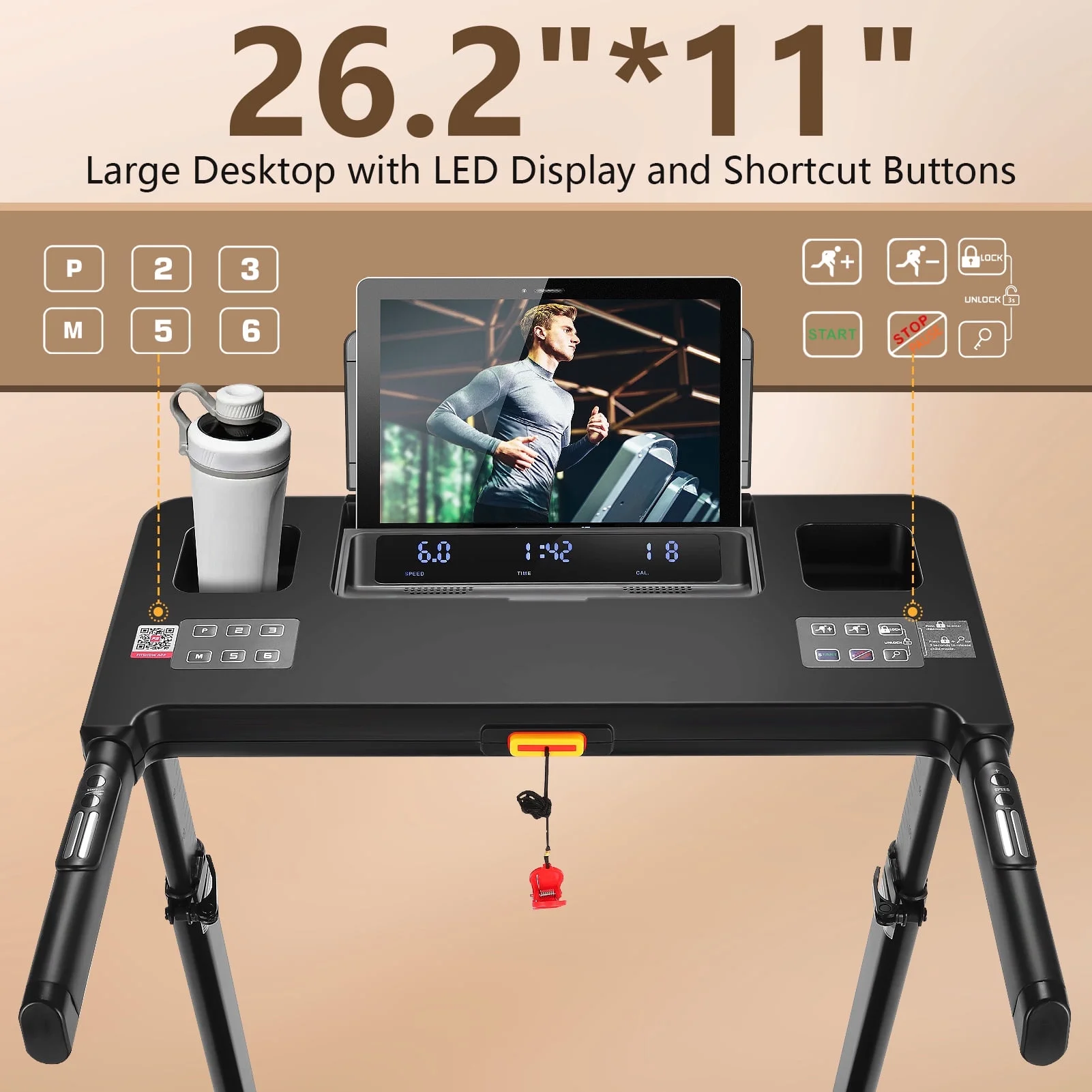 Simpfree Treadmill with Height-Adjustable Desk, 300LBS Folding Treadmill with Incline\App\Bluetooth Speakers\LED Monitor\64 Programs for Home, 0.6-7.5MPH/h