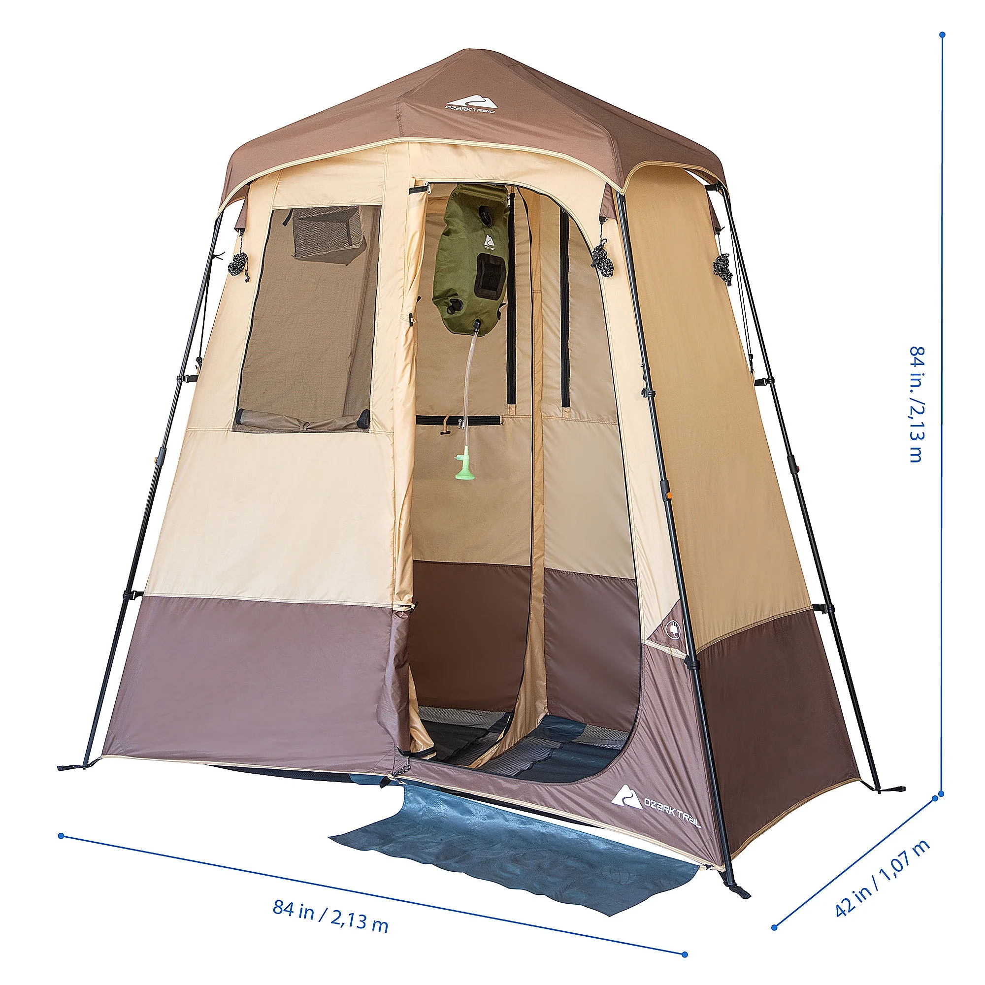 Ozark Trail 2-Room Shower & Utility Tent Combo Includes 5-Gallon Water Container, Easy Setup, Maximum Occupancy Is 2. Khaki Colour.