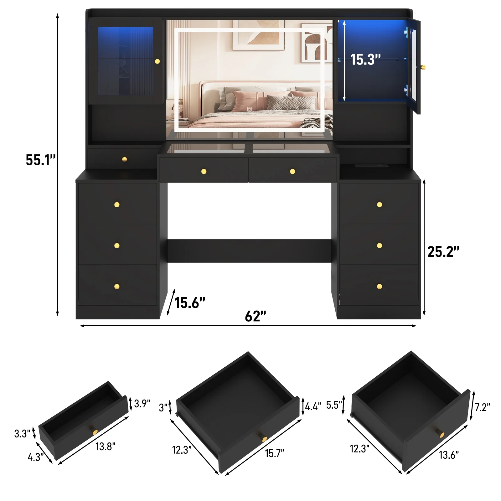 Blotout 62'' Large Vanity Desk w/60000-color LED Lights, Tempered Glass Top, Power Outlet, Makeup Vanity Table w/ 3 Lights Mode Mirror, 9 Drawers, 2 RGB Cabinets, LED Dressing Table for Girls, Women
