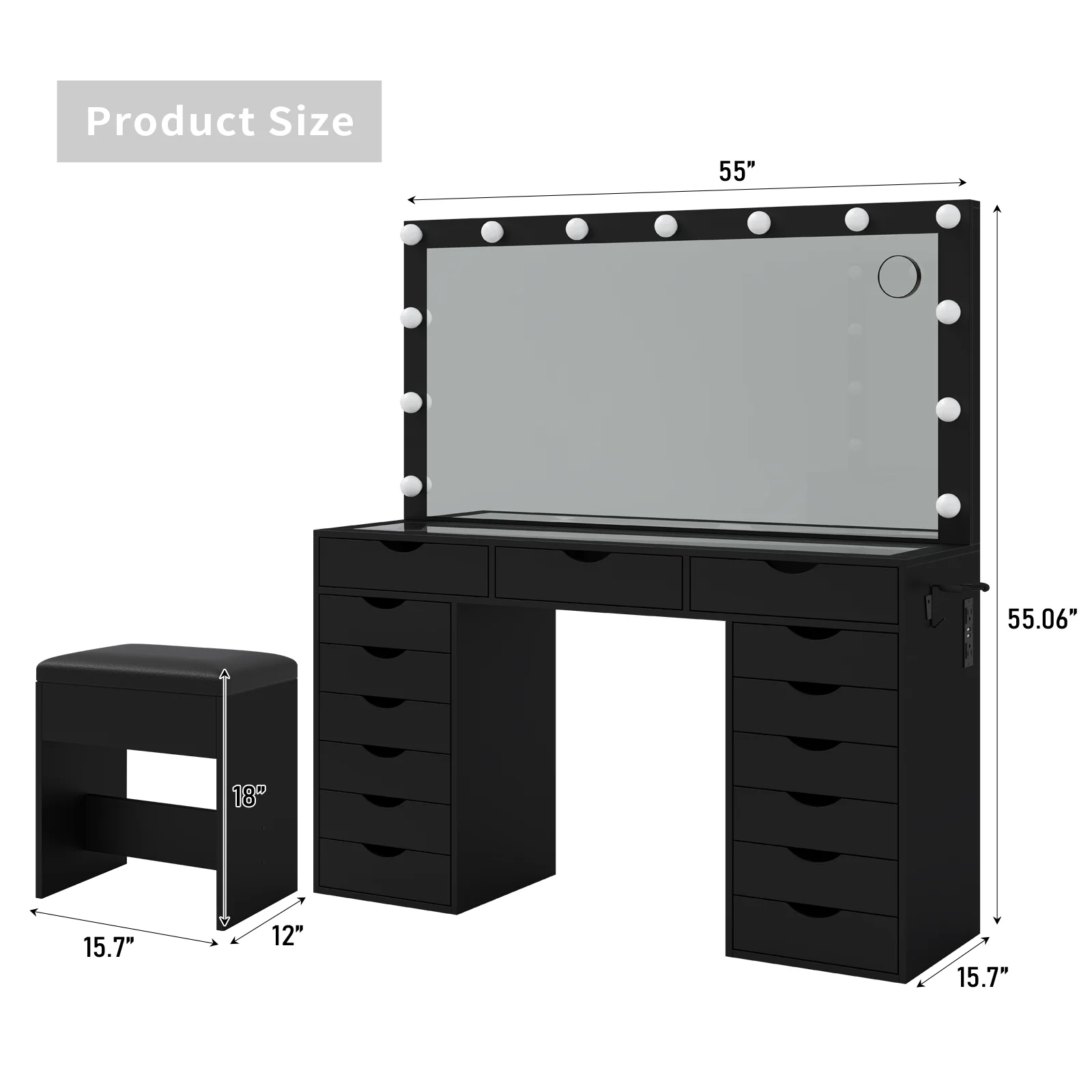 Yanosaku 15 Drawers Vanity Desk with Power Outlet, Makeup Table with Mirror and 13 LED Lights, 3 Color Lighting Modes, Brightness Adjustable, Glass Top Dressing Table, Vanity Set for Bedroom
