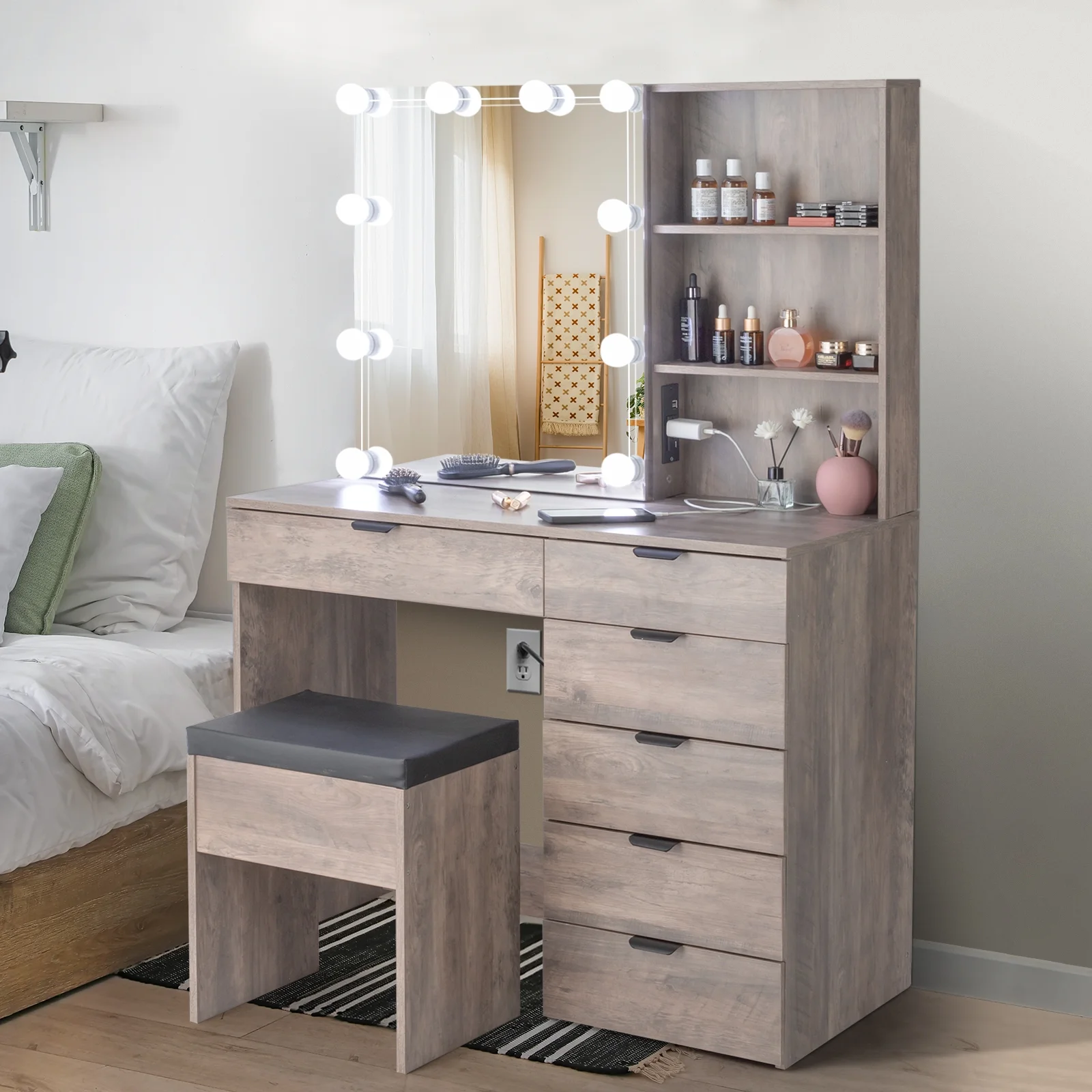 Ktaxon Vanity Set with 3 Color Lighted Mirror & Charging Station, Makeup Table with 3 Storage Shelves & Drawers, Dressing Table Makeup Desk with Stool,Retro Gray