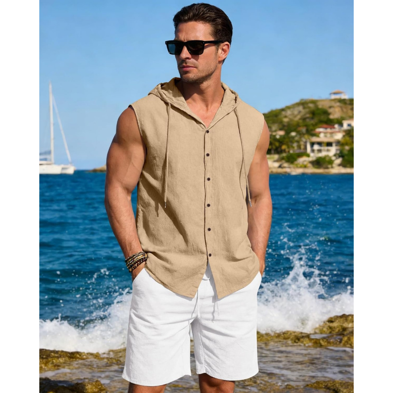 Men's Linen Sleeveless Hoodies Button Down Tank Shirt