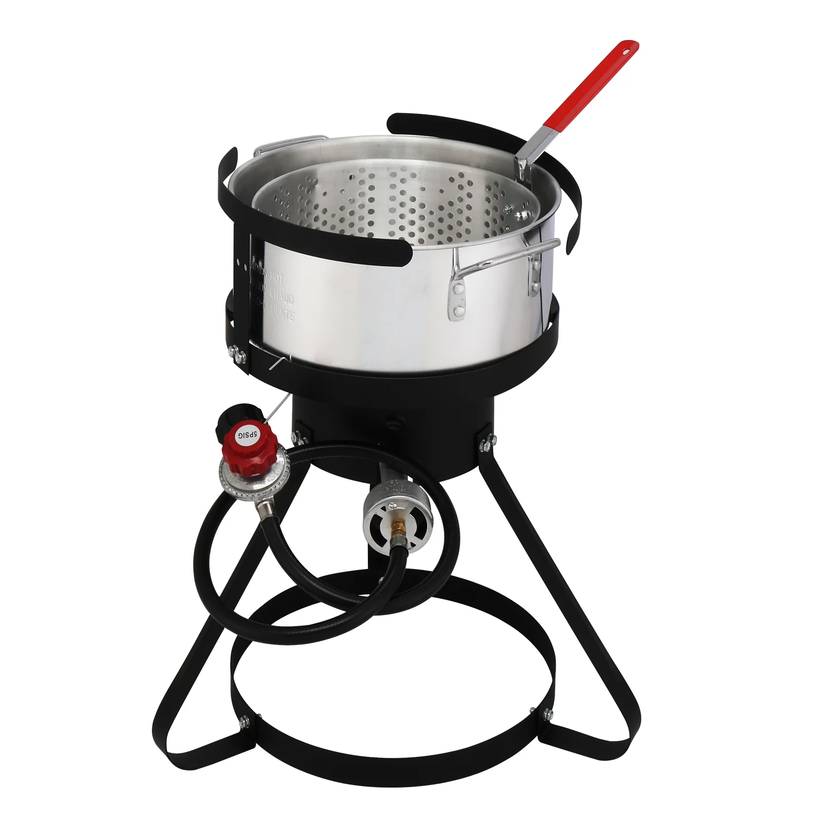 13*32 Four-Piece Set, Black Round Iron Stove Frame with Silver Aluminum 30qt Turkey Pot and 10qt Fish Pot - Gas Fryer Combo for Outdoor Cooking