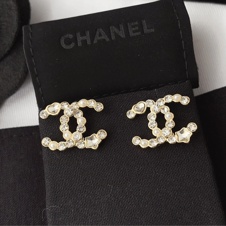 Chanel Cc Logo Stud Earrings With Rhinestones And Pearls Gold-Tone