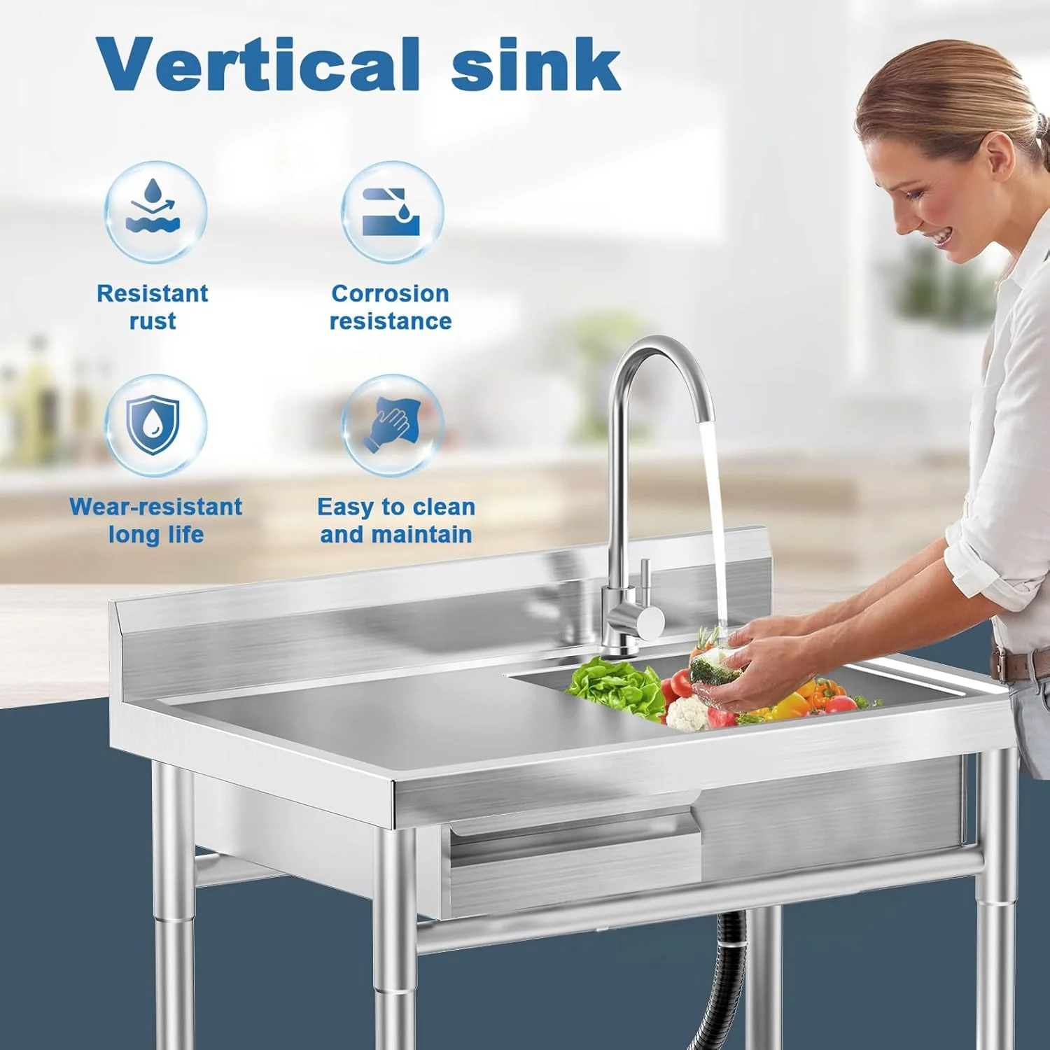 Stainless Steel Utility Sink Freestanding Single Bowl Laundry Sink with Workbench Drawers