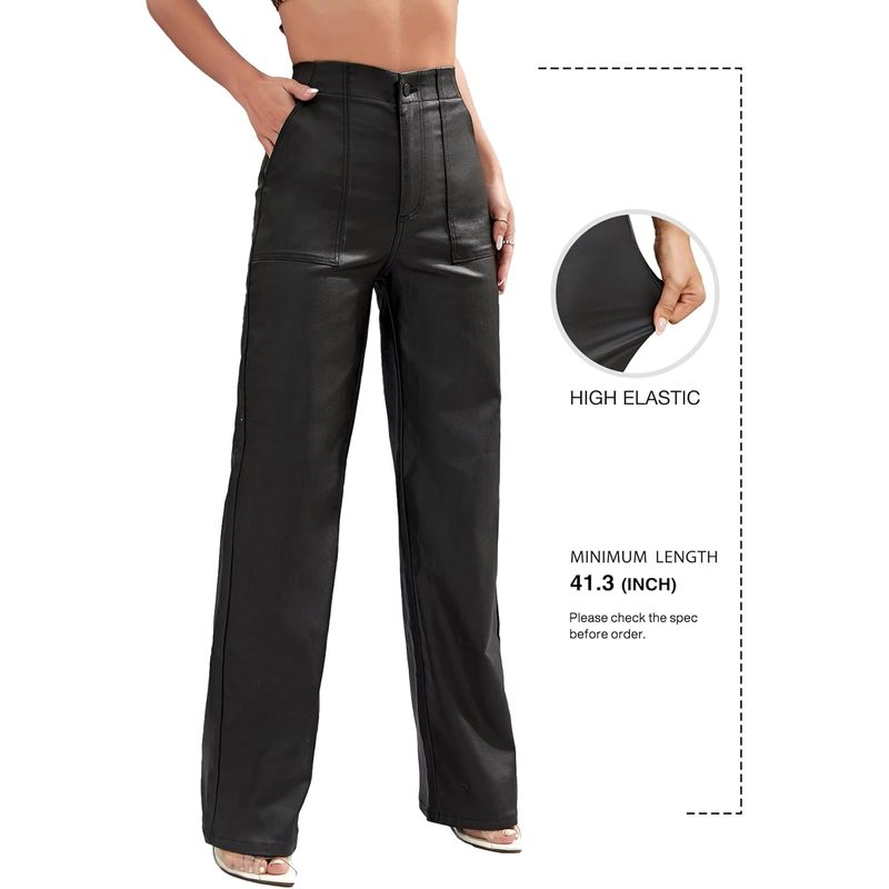 Leather Pants High Waist Coated PU Button Straight