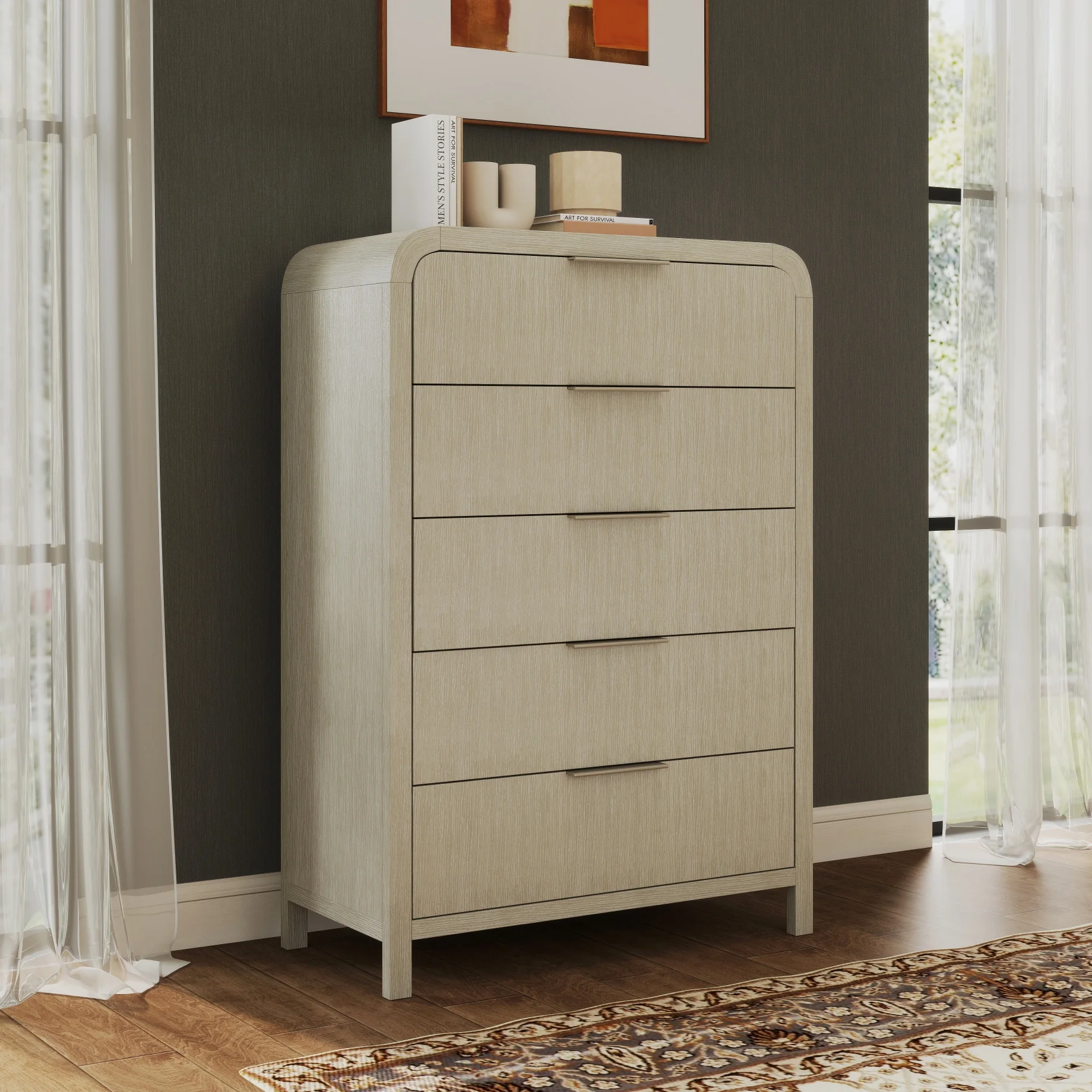 Roundhill Furniture Tavari 6-Piece Bedroom Set with Panel Bed, Dresser, Mirror, Two Nightstands, and Chest in Light Gray, King Size