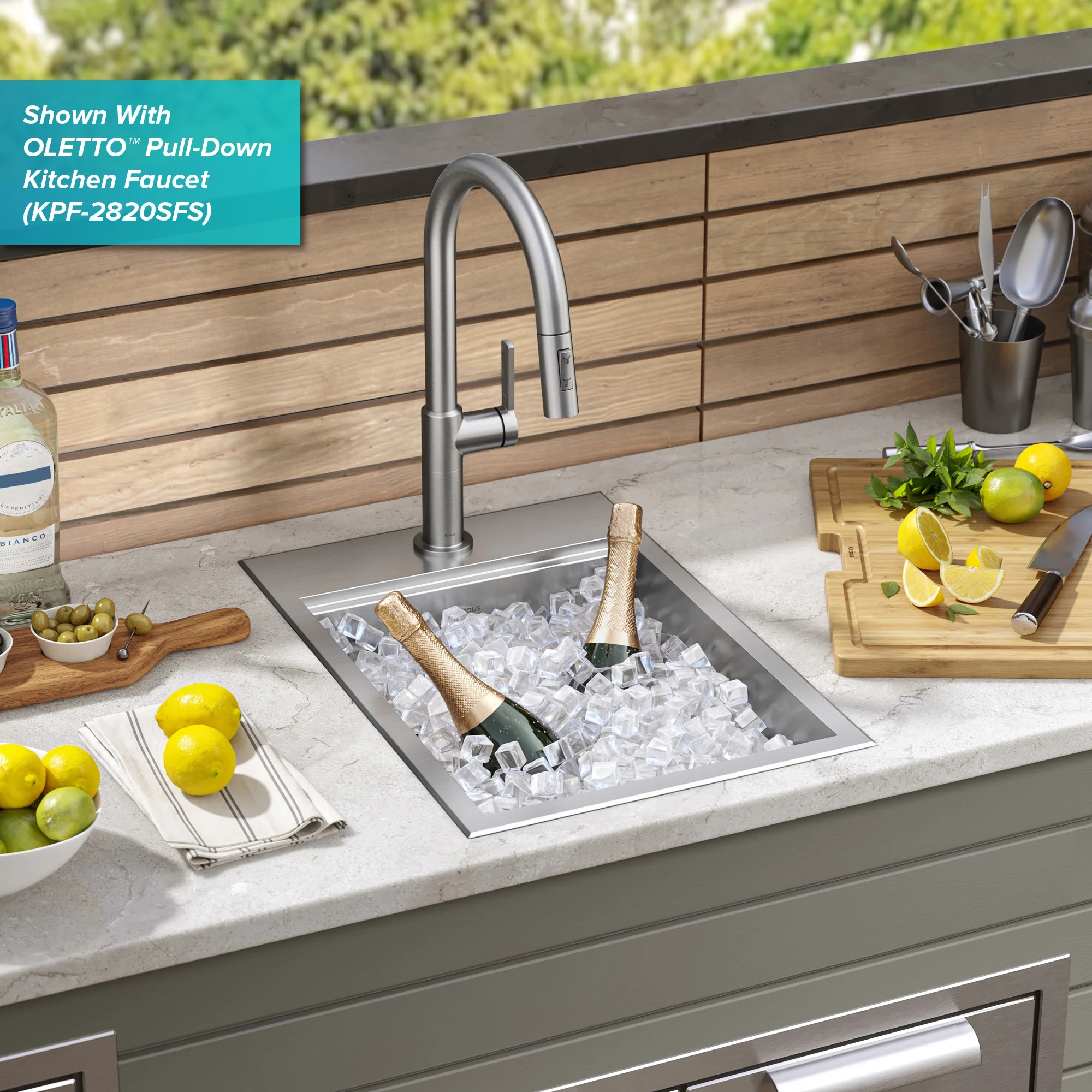 Kraus Kore 15 Outdoor Workstation Drop-In 16 Gauge Marine Grade T-316 Stainless Steel Single Bowl Kitchen Bar Sink with Accessories