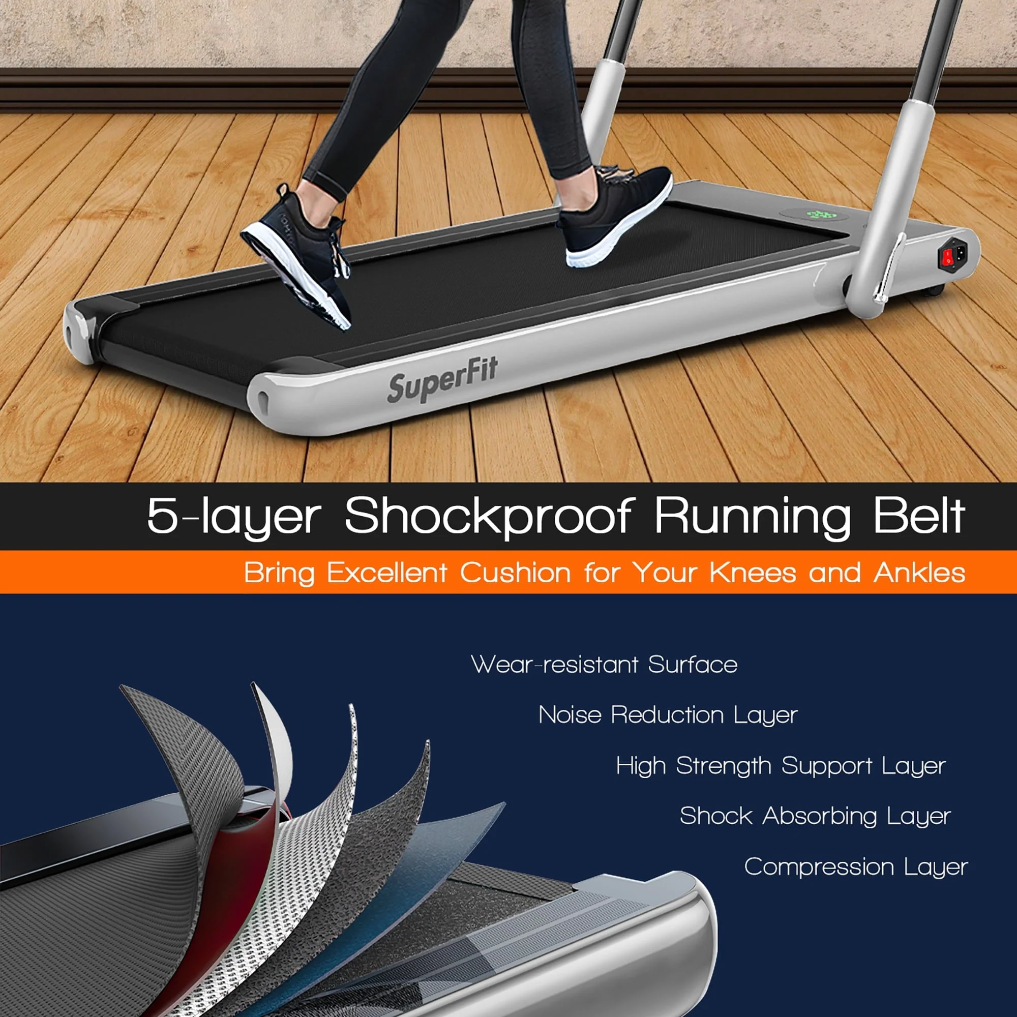SuperFit 2.25HP 2-in-1 Folding Under Desk Treadmill W/Speaker Controller APP, Single Display Screen Silver