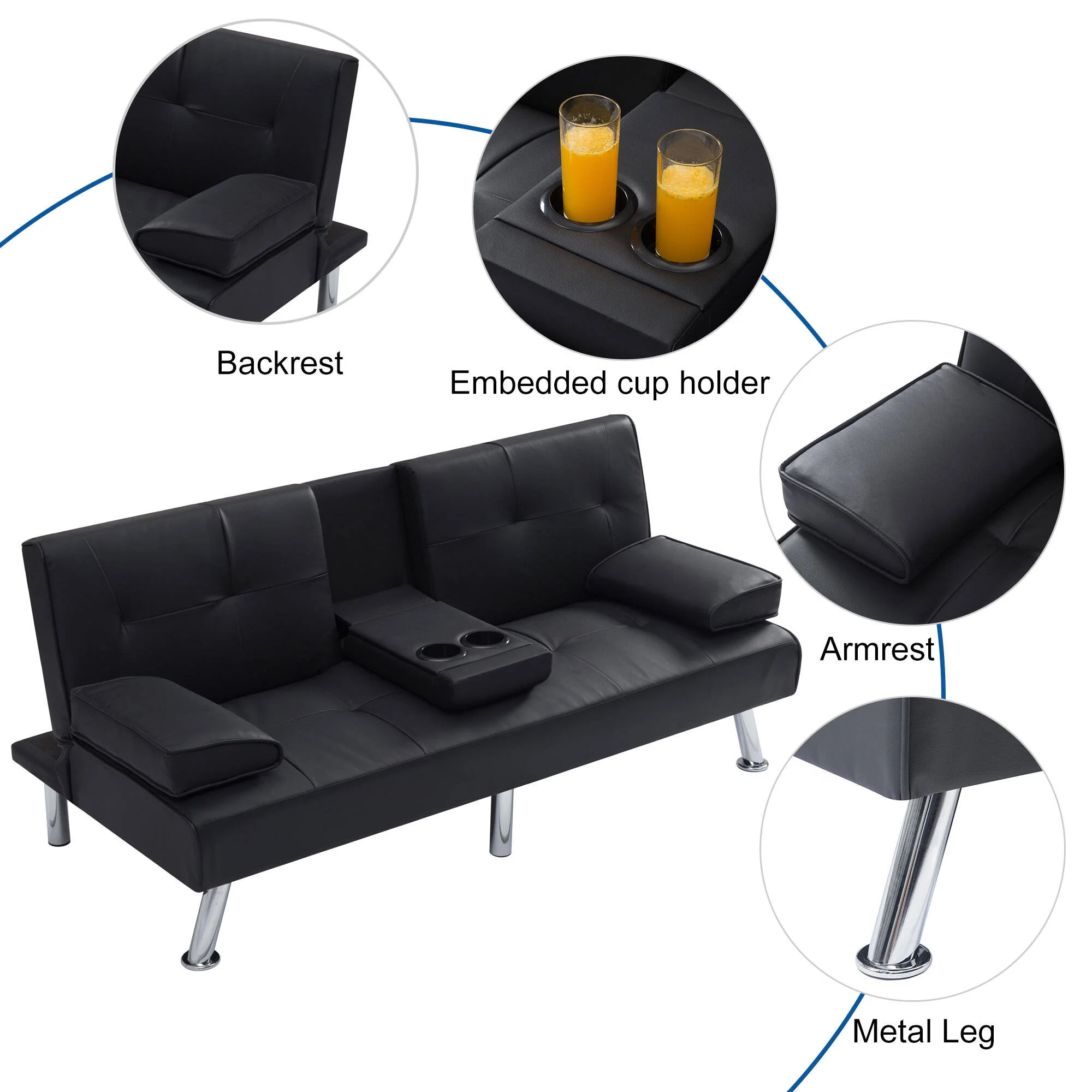 BEABA Futon Sofa Bed Modern PU Faux Convertible Couches with Cup Holder and Pillows Folding Furniture Upholstery