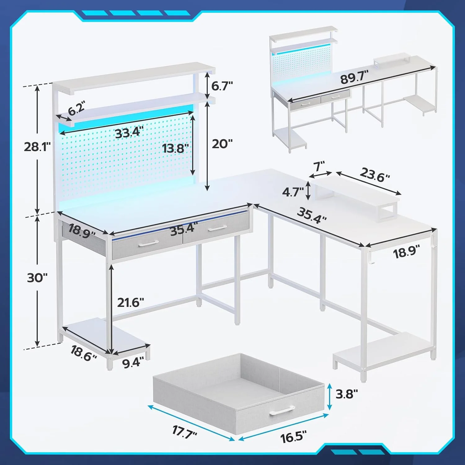 SEDETA White L Shaped Gaming Desk with LED Lights and Drawers, Gaming Desk with Hutch & Pegboard, Computer Desk with Monitor Stand, Storage Shelves, Home Office Desk Corner Desk, Gaming Table
